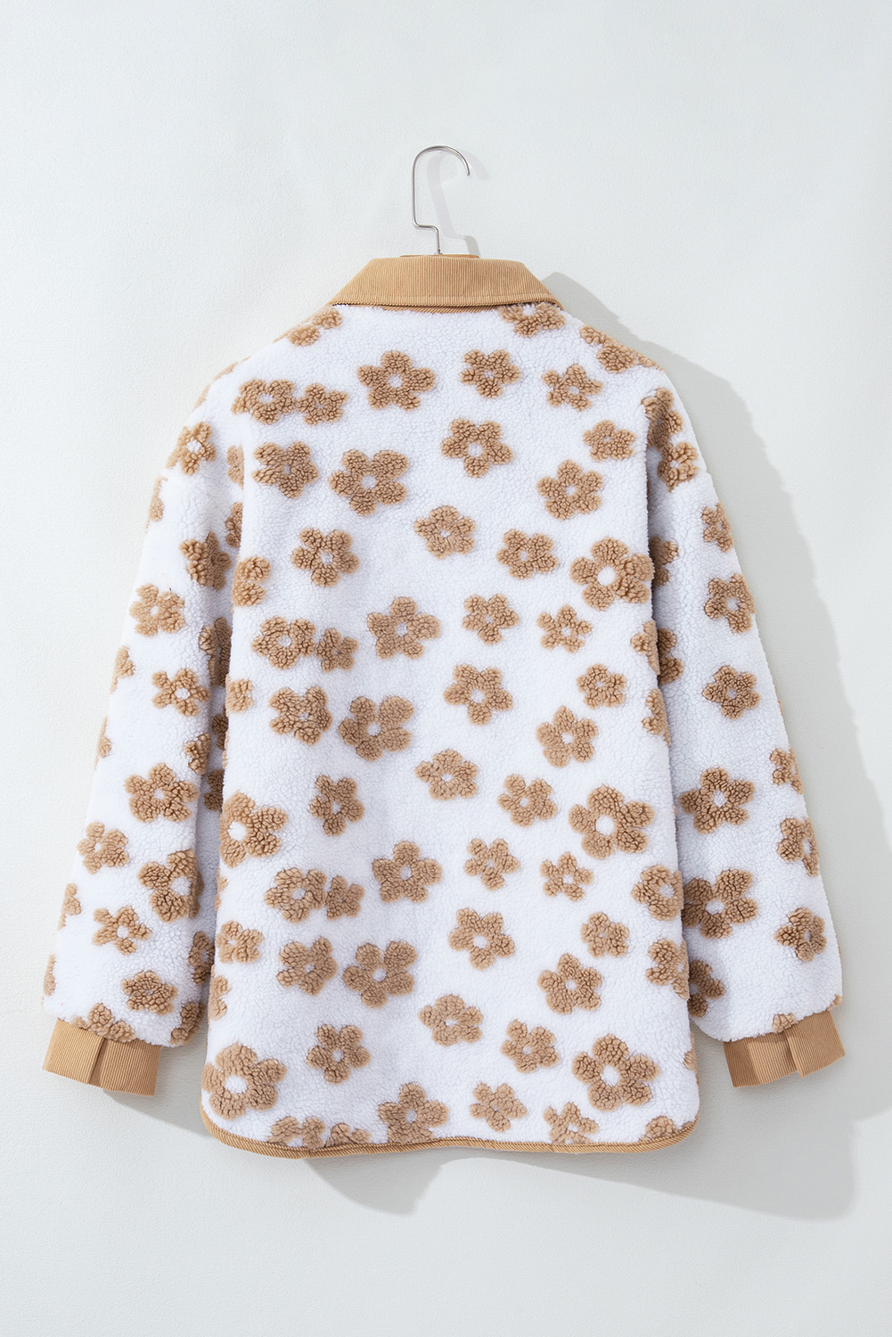 Light French Beige Cute Flower Pattern Button Up Fleece Jacket - loveforevers