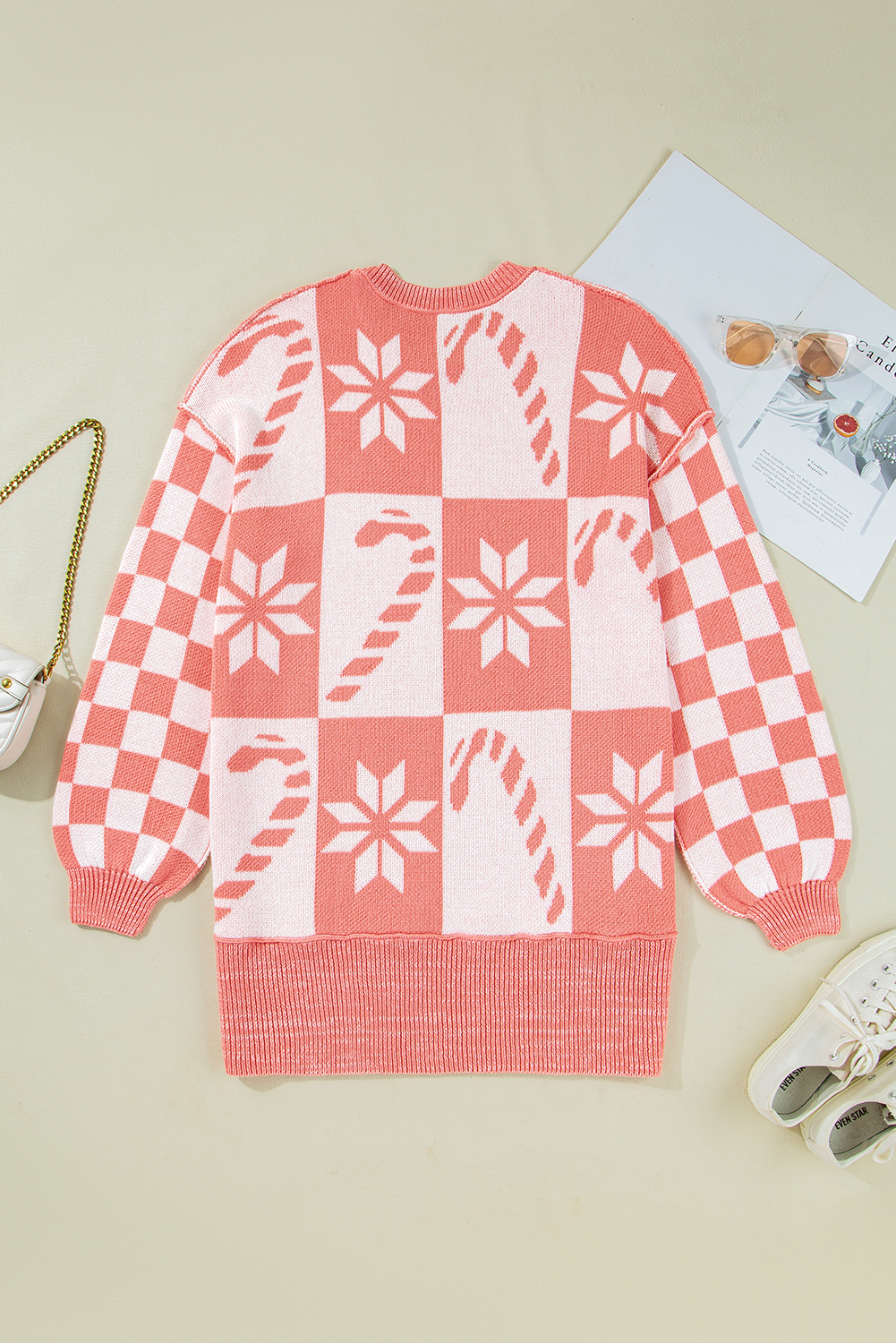 Pink Candycane Snowflake Checker Christmas Holiday Drop Shoulder Tunic Loose Sweater - loveforevers