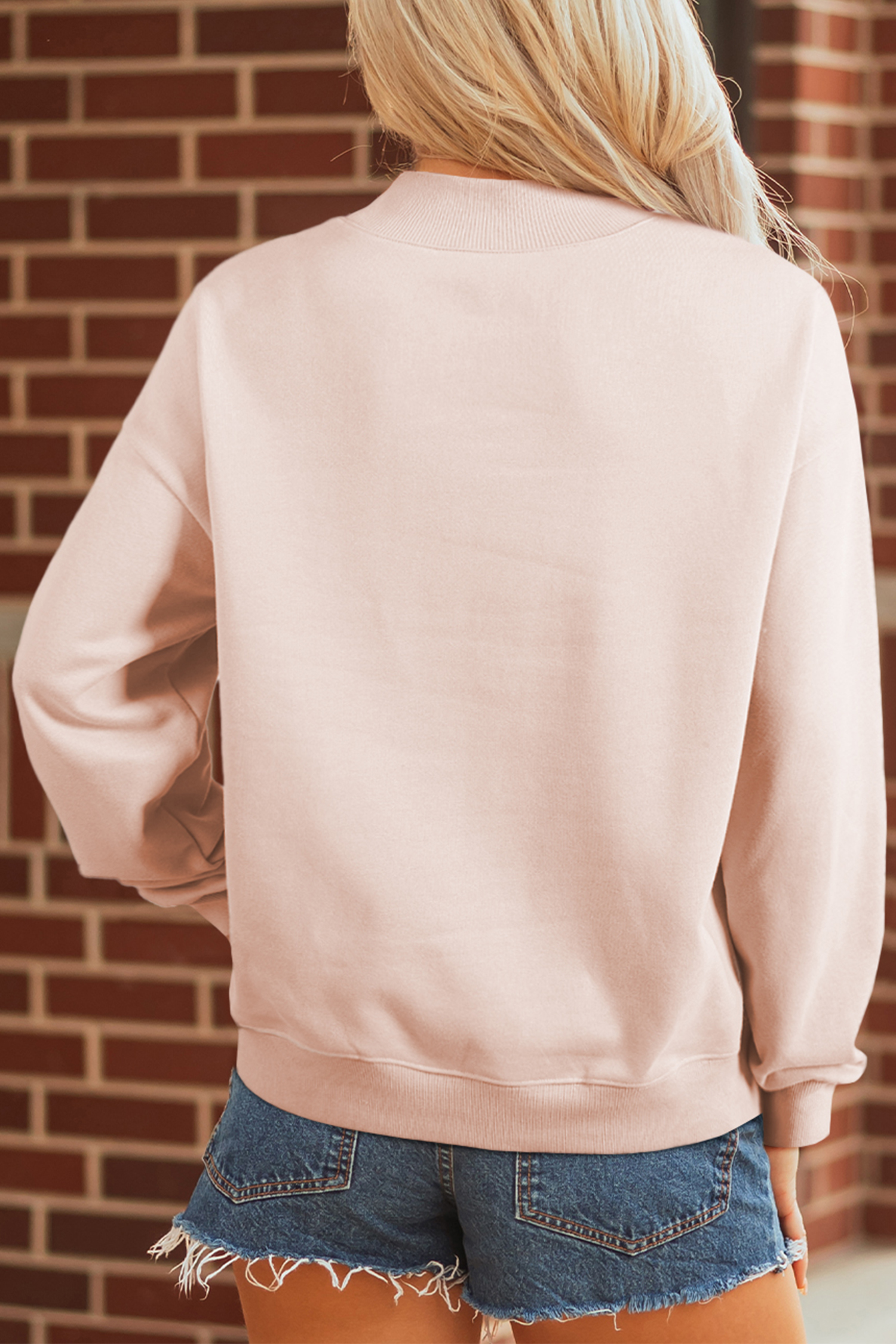 Apricot Pink Sequin Love Heart Patched Mock Neck Sweatshirt - loveforevers