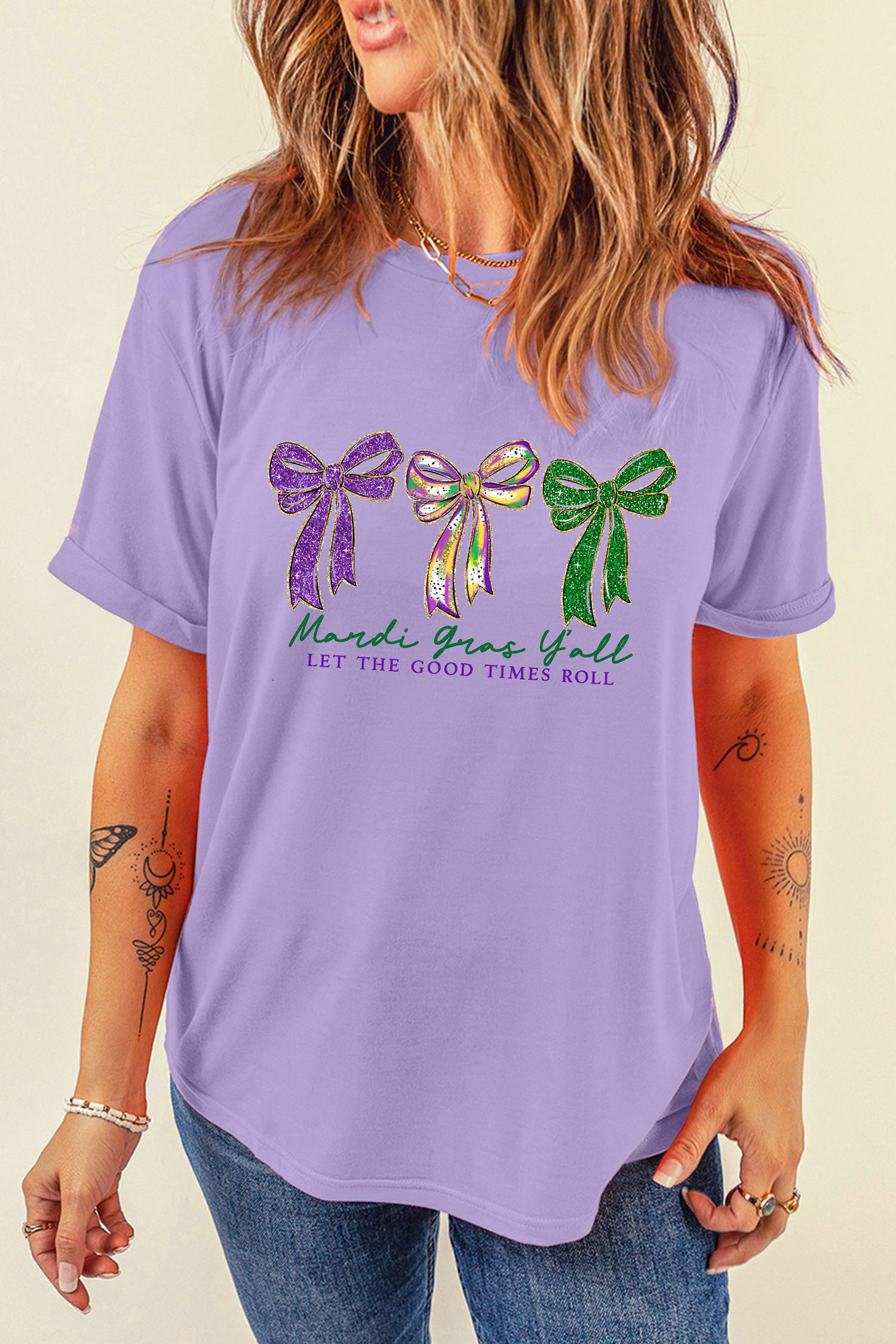 Wisteria Mardi Gras Ribbon Bow Slogan Printed Casual T Shirt - loveforevers