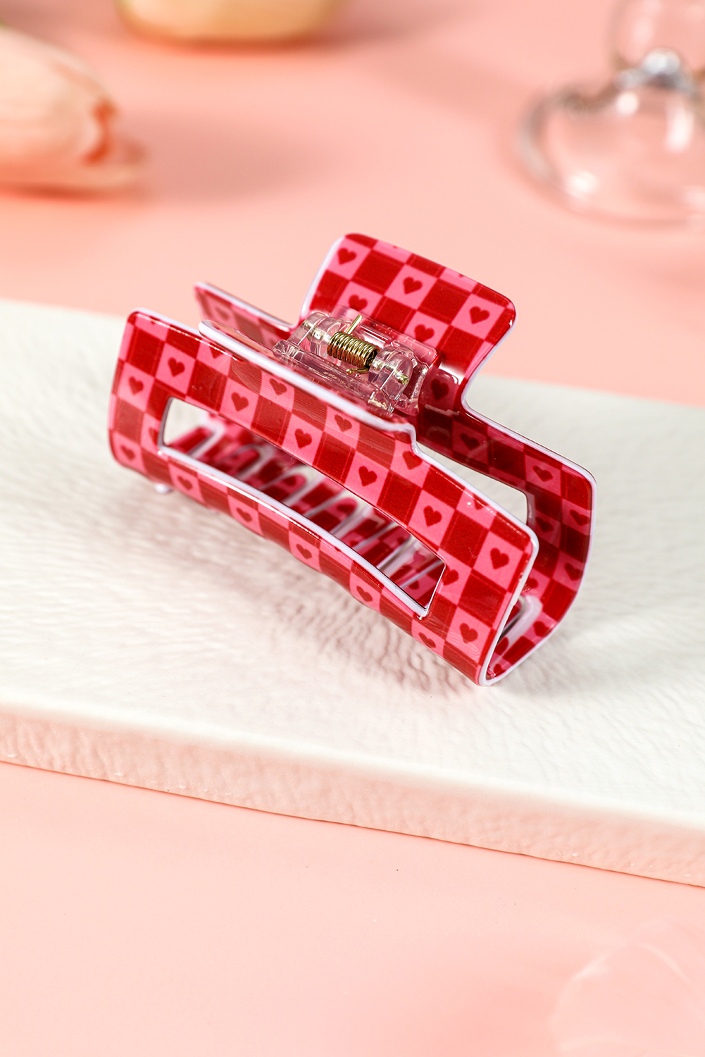 Racing Red Heart Checkered Print Cut Out Hair Claw Clip - loveforevers