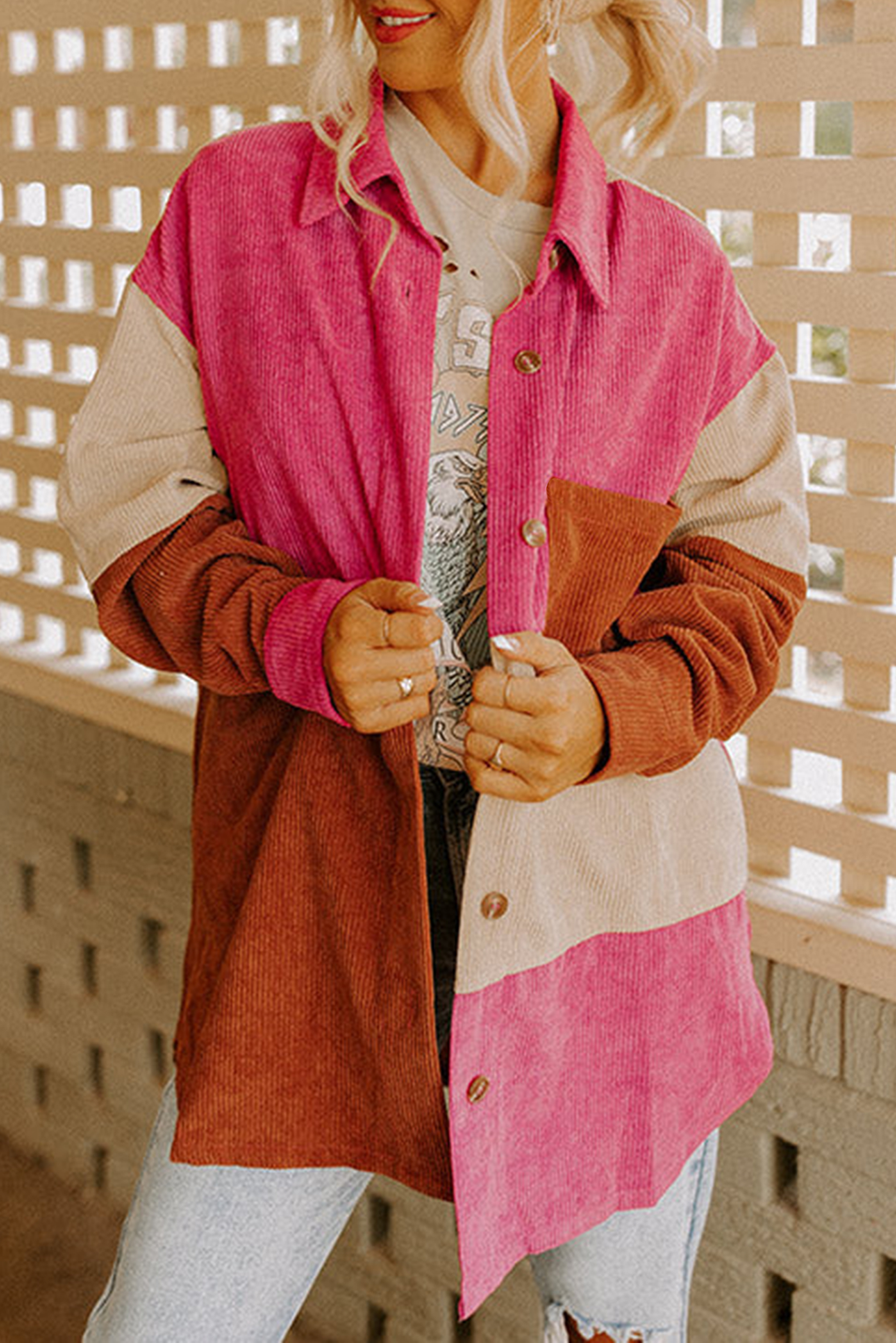 Rose Red Colorblock Curved Hem Corduroy Shacket with Pocket - loveforevers