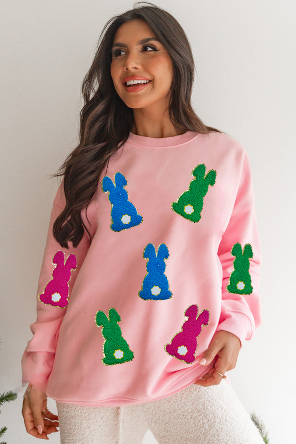 Pink Easter Bunny Chenille Patched Graphic Drop Shoulder Sweatshirt - loveforevers
