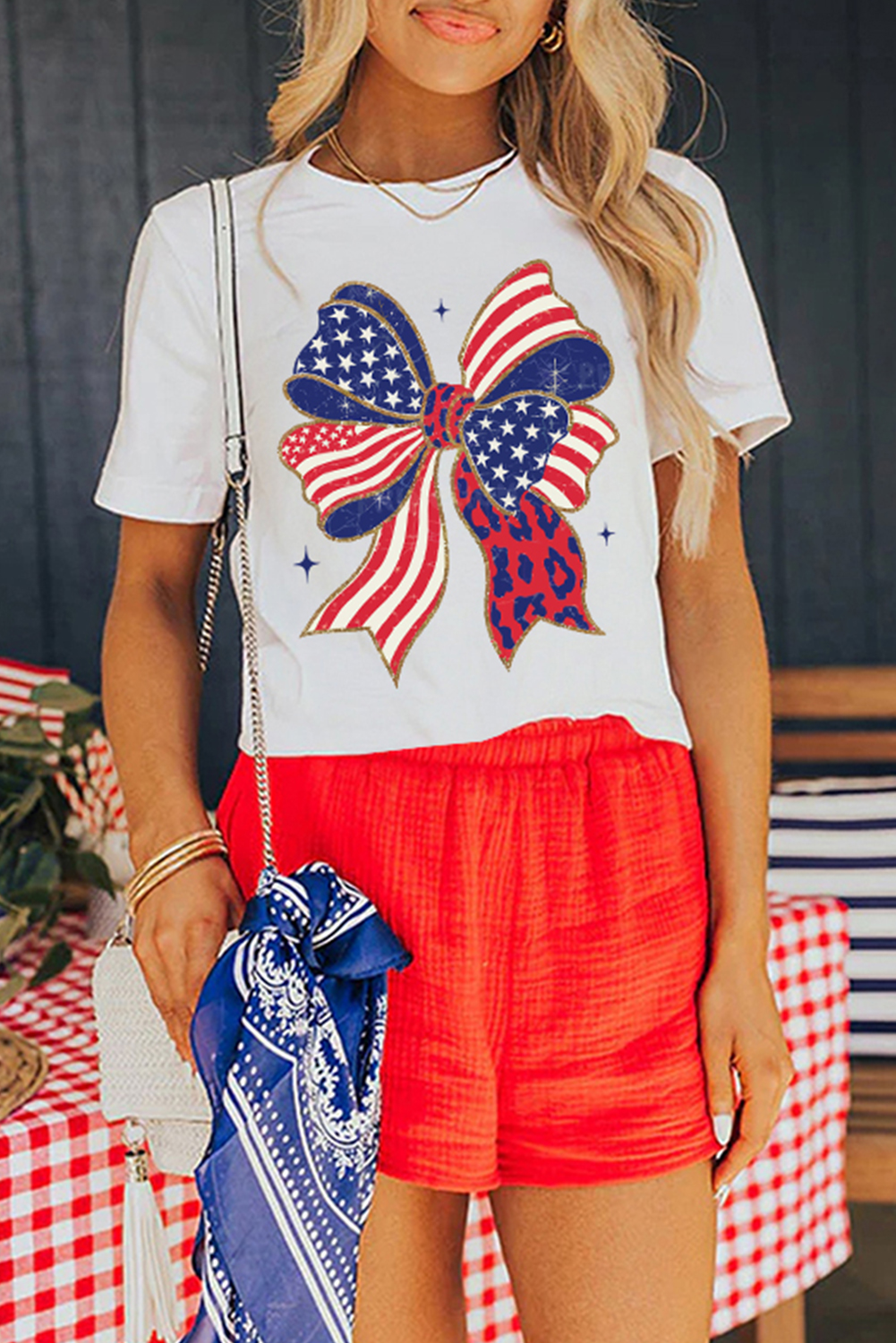 White Stars and Stripes Bow Print 4th of July T Shirt - loveforevers