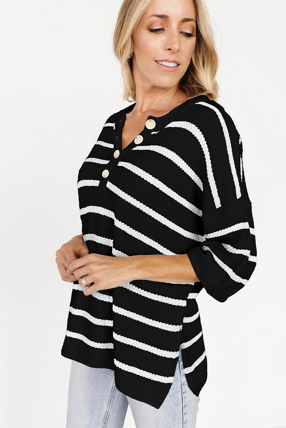 Black Stripe Henley Buttoned Placket Drop Shoulder Bracelet Sleeve Knit Sweater Tee - loveforevers