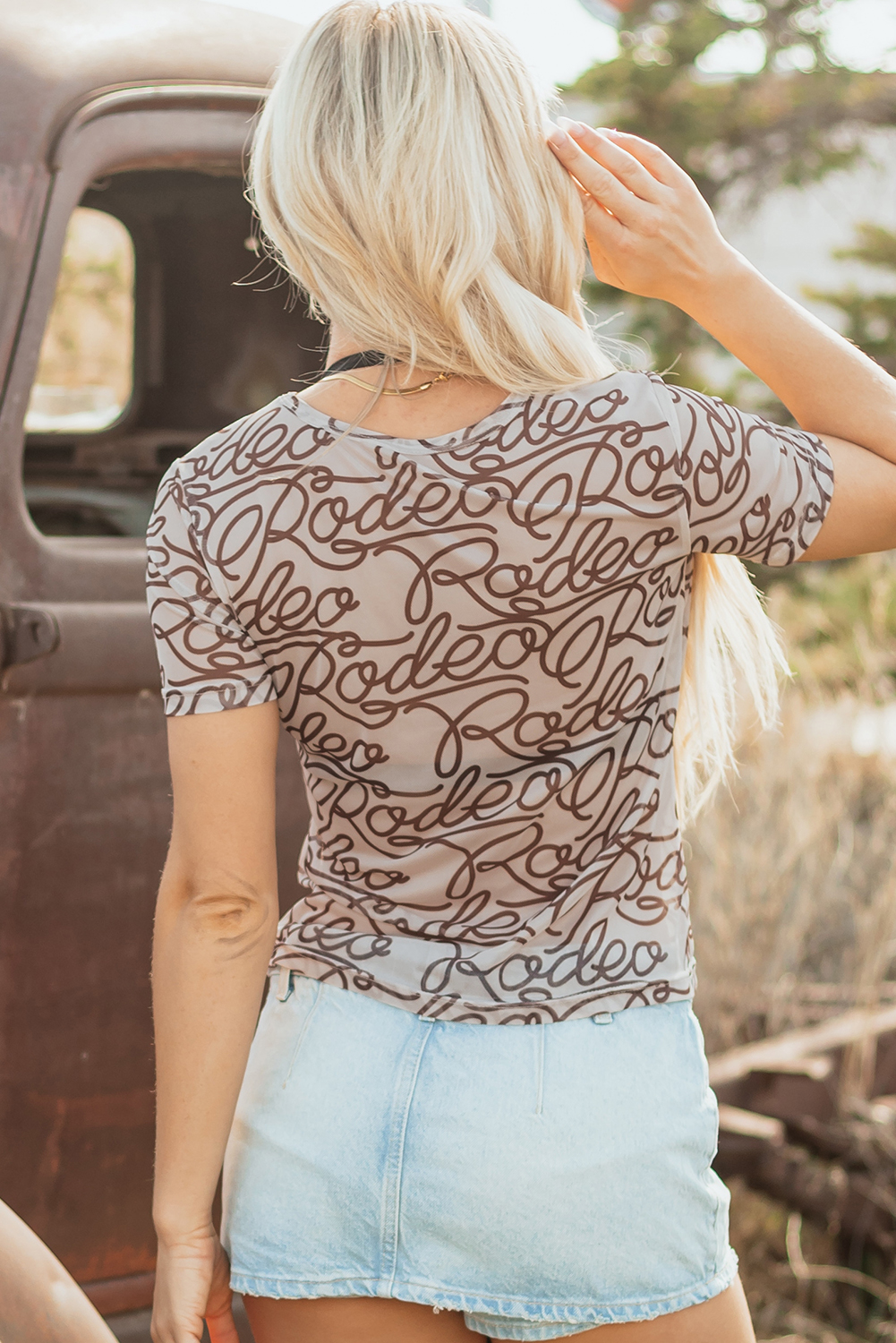 Brown Rodeo Print Round Neck Slim Fit Mesh T Shirt - loveforevers