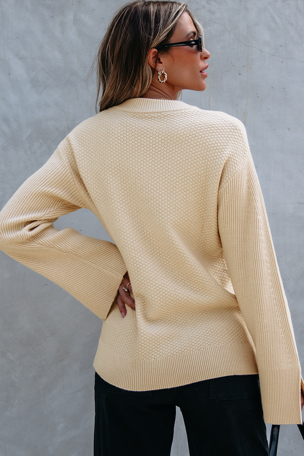 Parchment Solid Textured Knit Split Cuff Drop Shoulder Loose Sweater - loveforevers