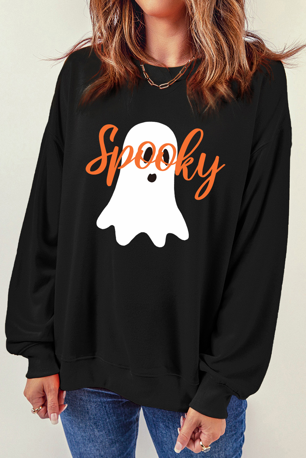Black Halloween Spooky Ghost Print Crewneck Pullover Sweatshirt - loveforevers