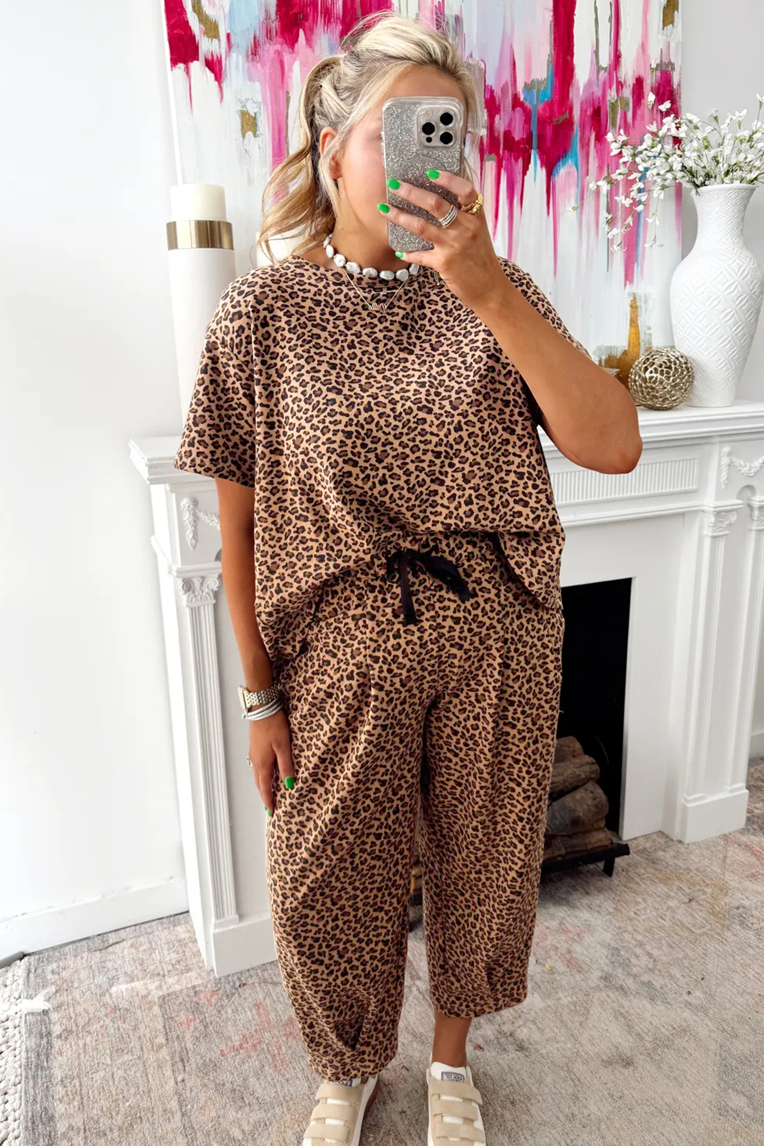 Brown Leopard Loose Tee Drawstring Waist Barrel Pants Set - loveforevers