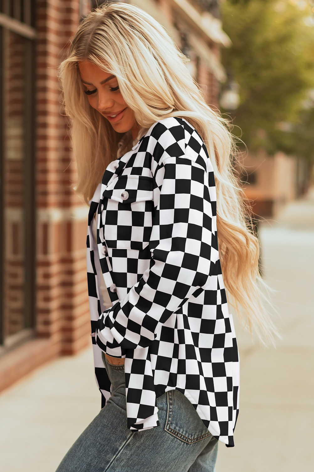 Khaki Checkerboard Flap Pocket Button Front Shacket - loveforevers