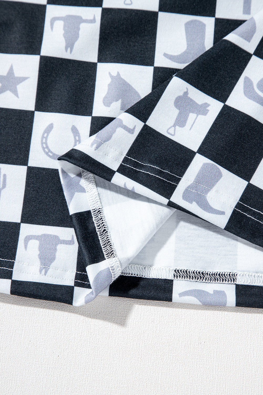 Black Western Fashion Checkerboard Print Side Split T Shirt - loveforevers