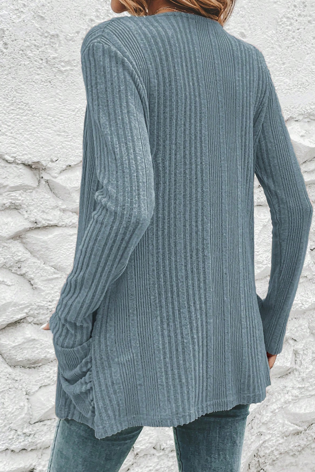 Stone Blue Ribbed Open Front Knitted Top with Pockets - loveforevers