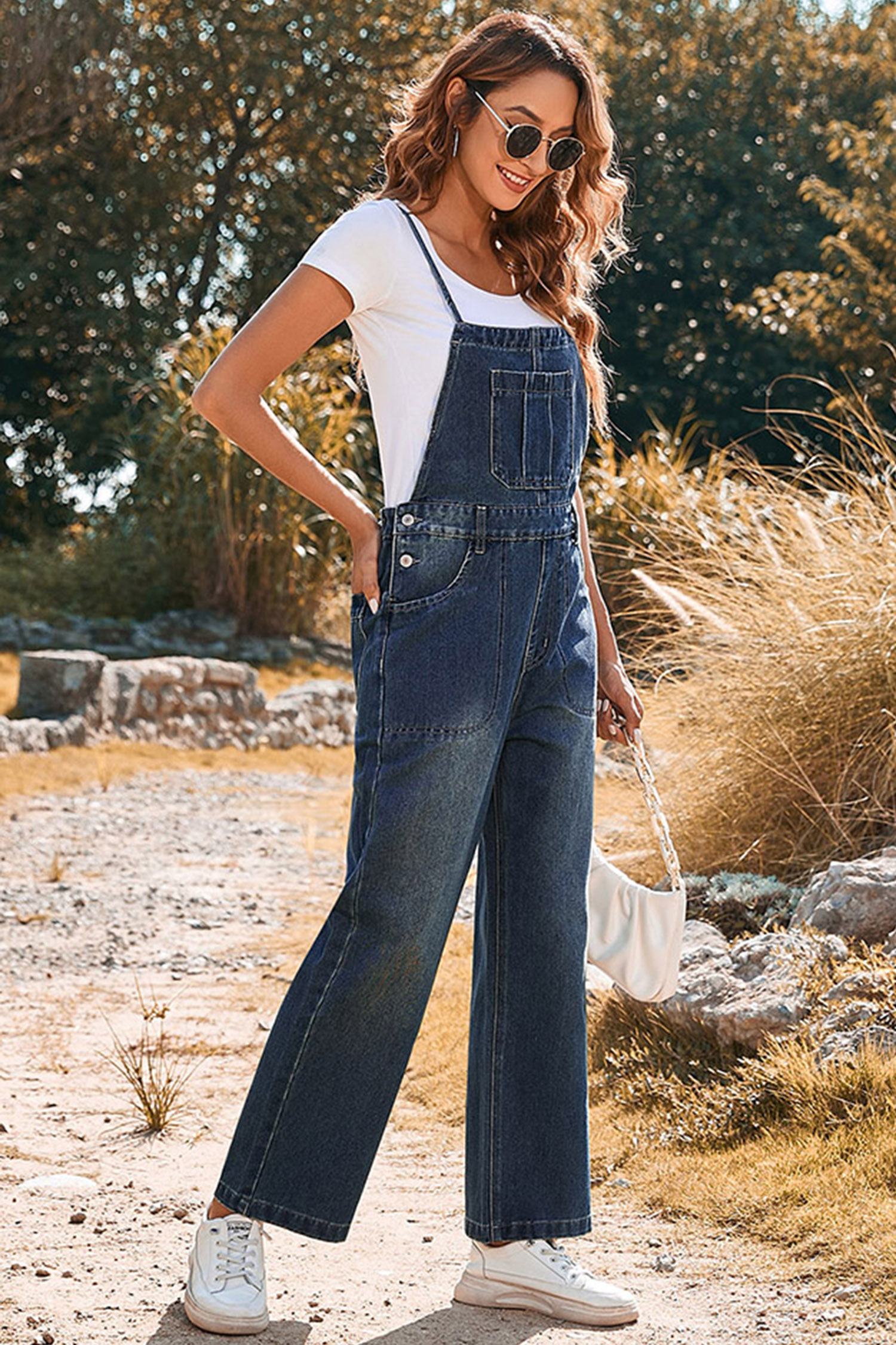 Dark Blue Crossed Tie Straps Bib Pocket Loose Denim Overalls - loveforevers