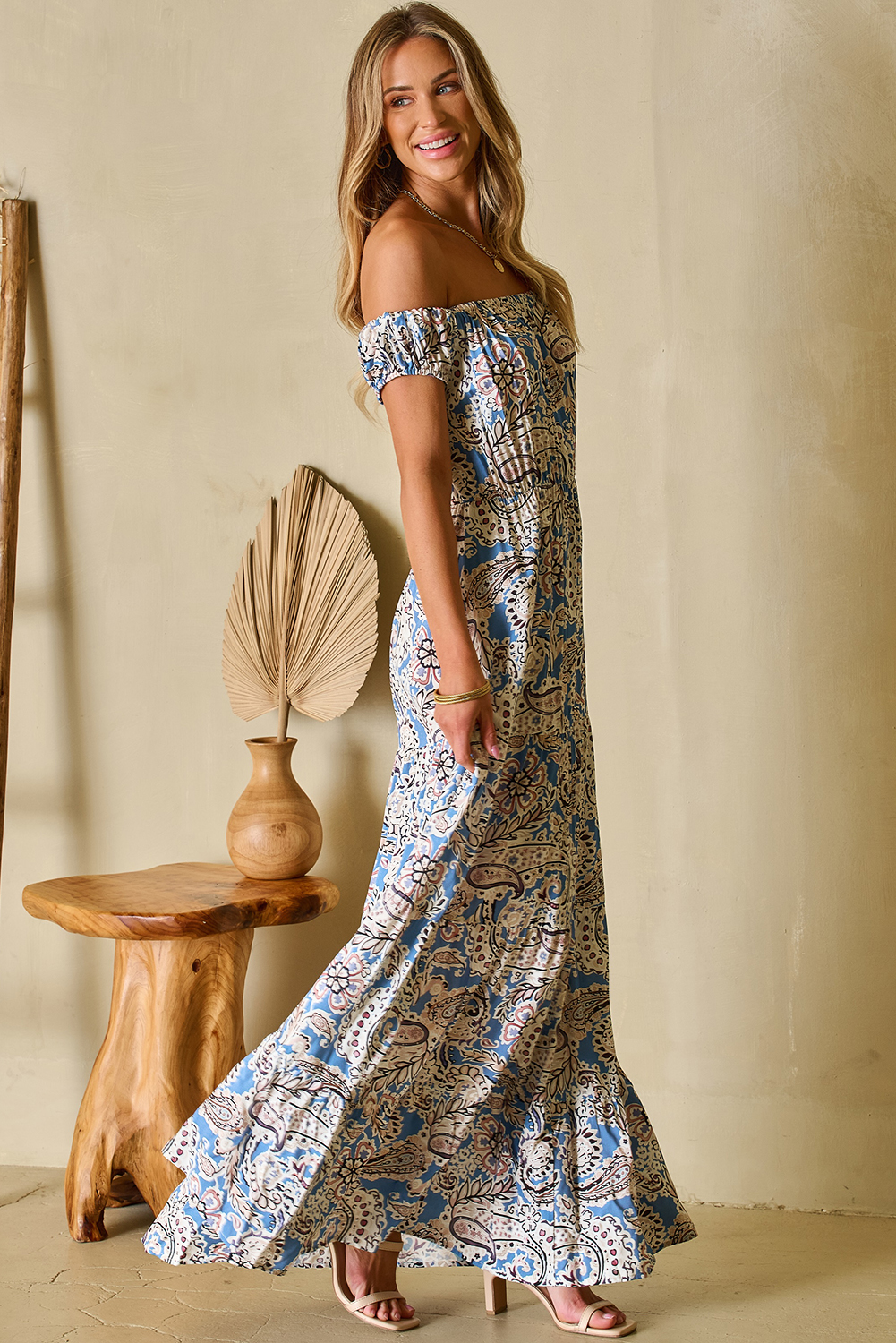 Blue Boho Paisley Print Off Shoulder Maxi Dress - loveforevers