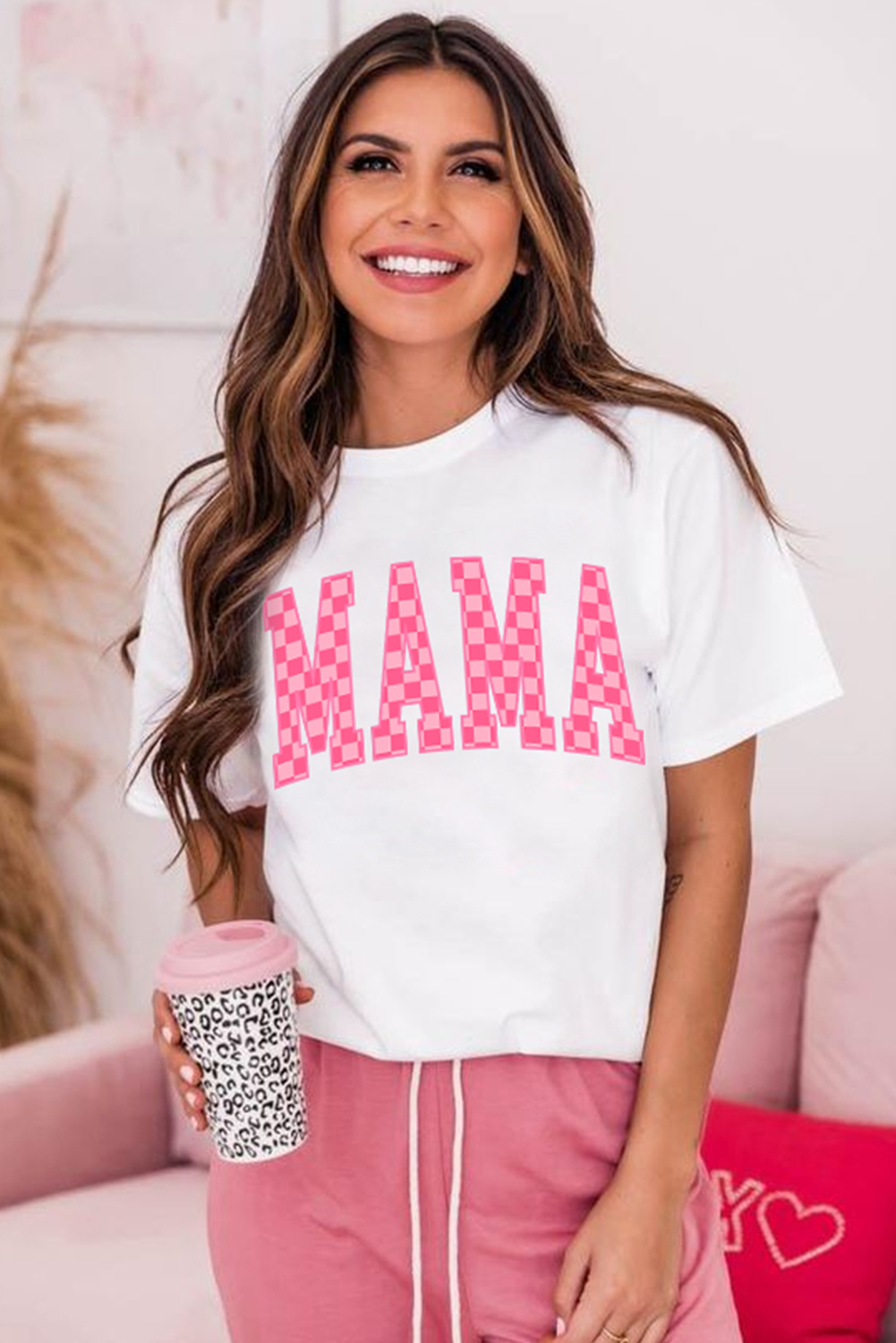 White Checkered MAMA Letter Graphic T Shirt - loveforevers