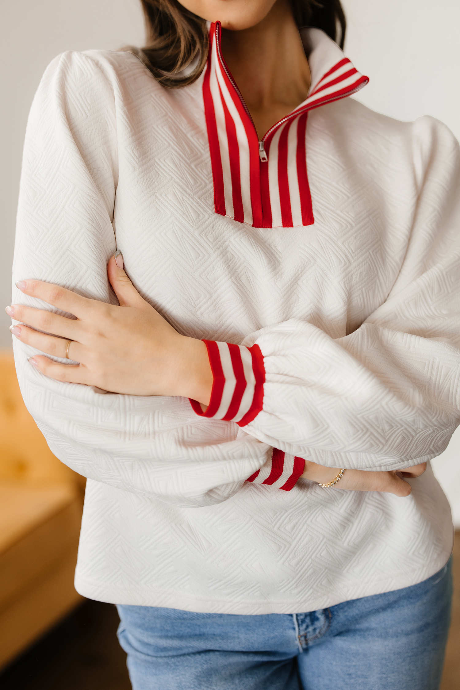 White Textured Knit Contrast Striped Accent Zipped Collar Pullover Top - loveforevers