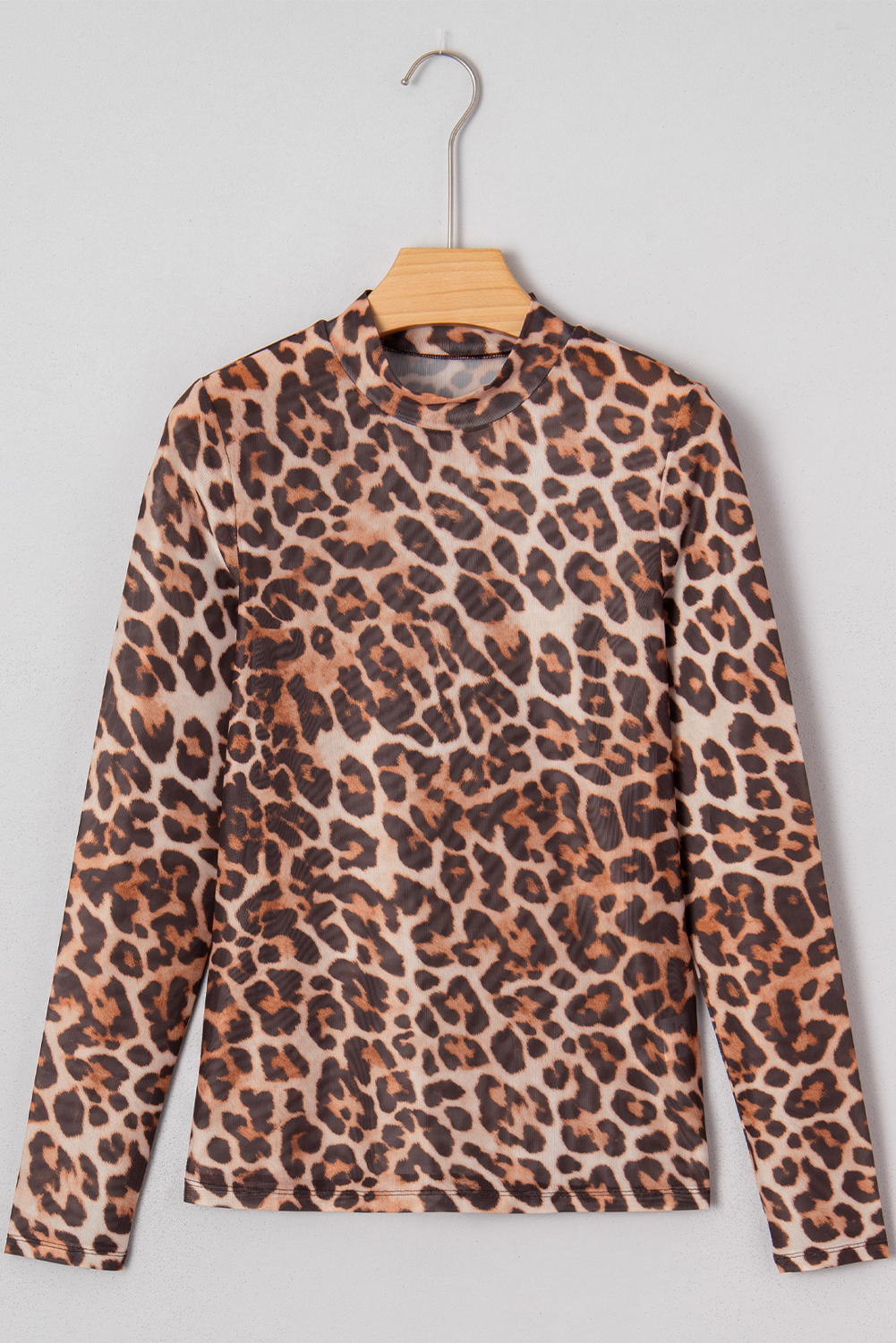 Brown Leopard Mock Neck Long Sleeve Mesh Top - loveforevers