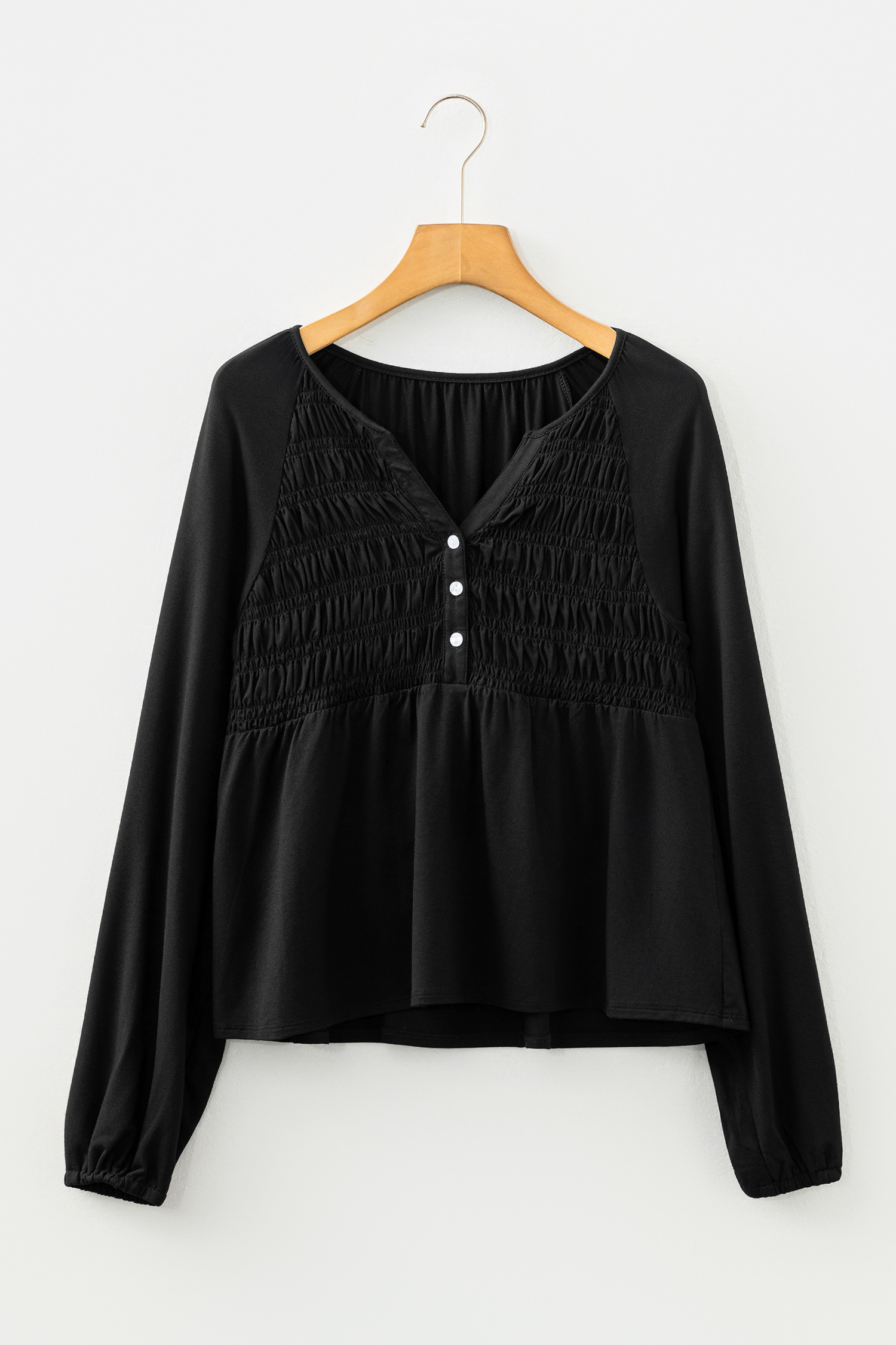 Black Smocked Bust Buttoned Split V Neck Flow Fit Blouse - loveforevers