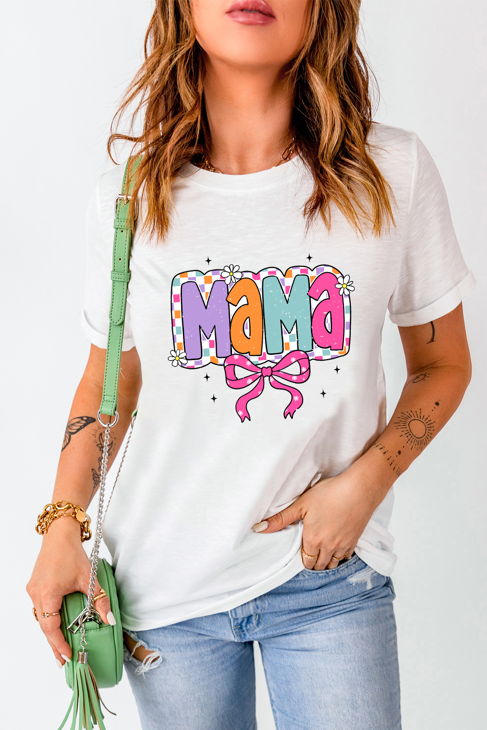 White Cute MaMa Bow Graphic Crewneck T Shirt - loveforevers
