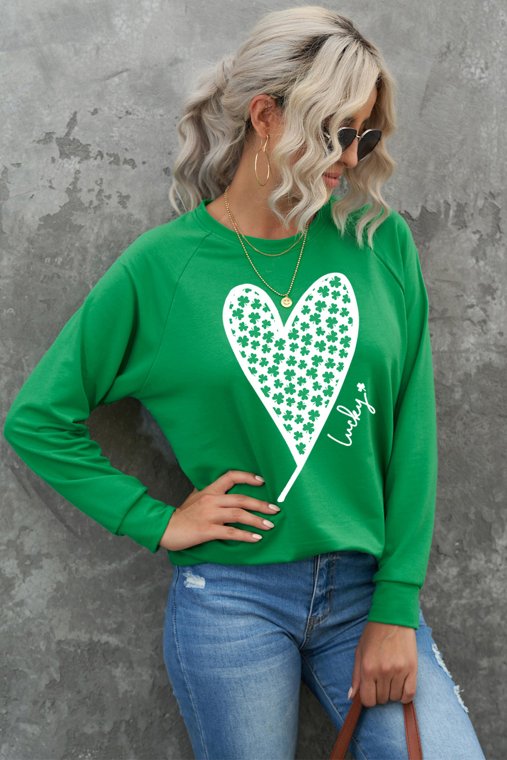 Green St. Patricks LUCKY Clover Print Raglan Sleeve Sweatshirt - loveforevers