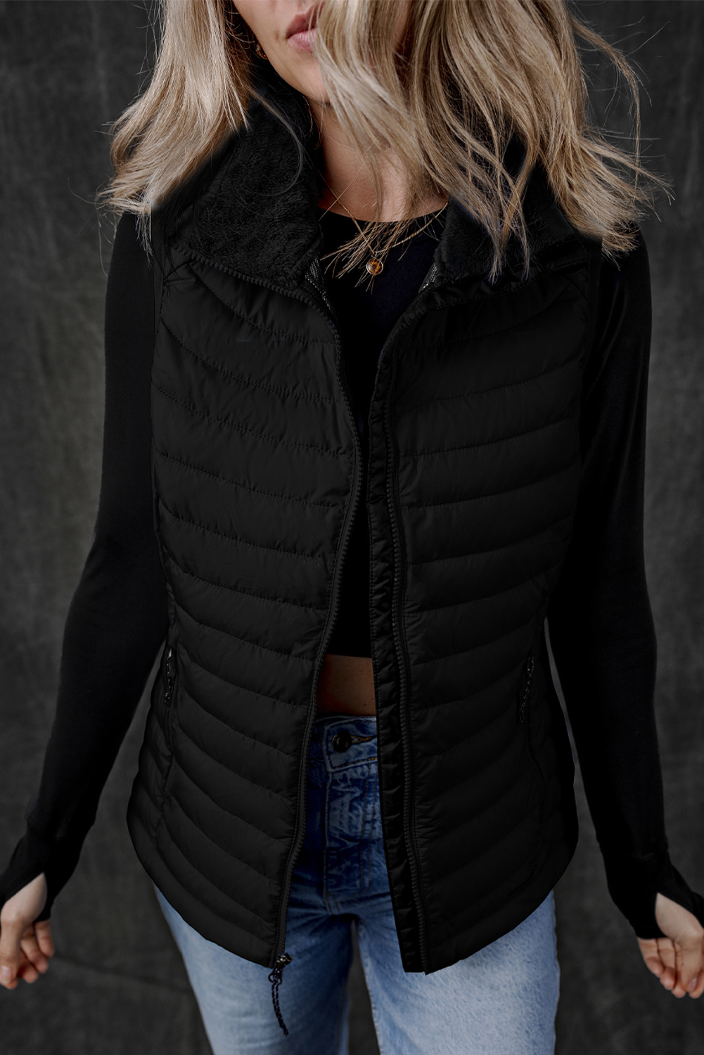Silvery Plush Collared Quilted Zipped Puffer Vest - loveforevers