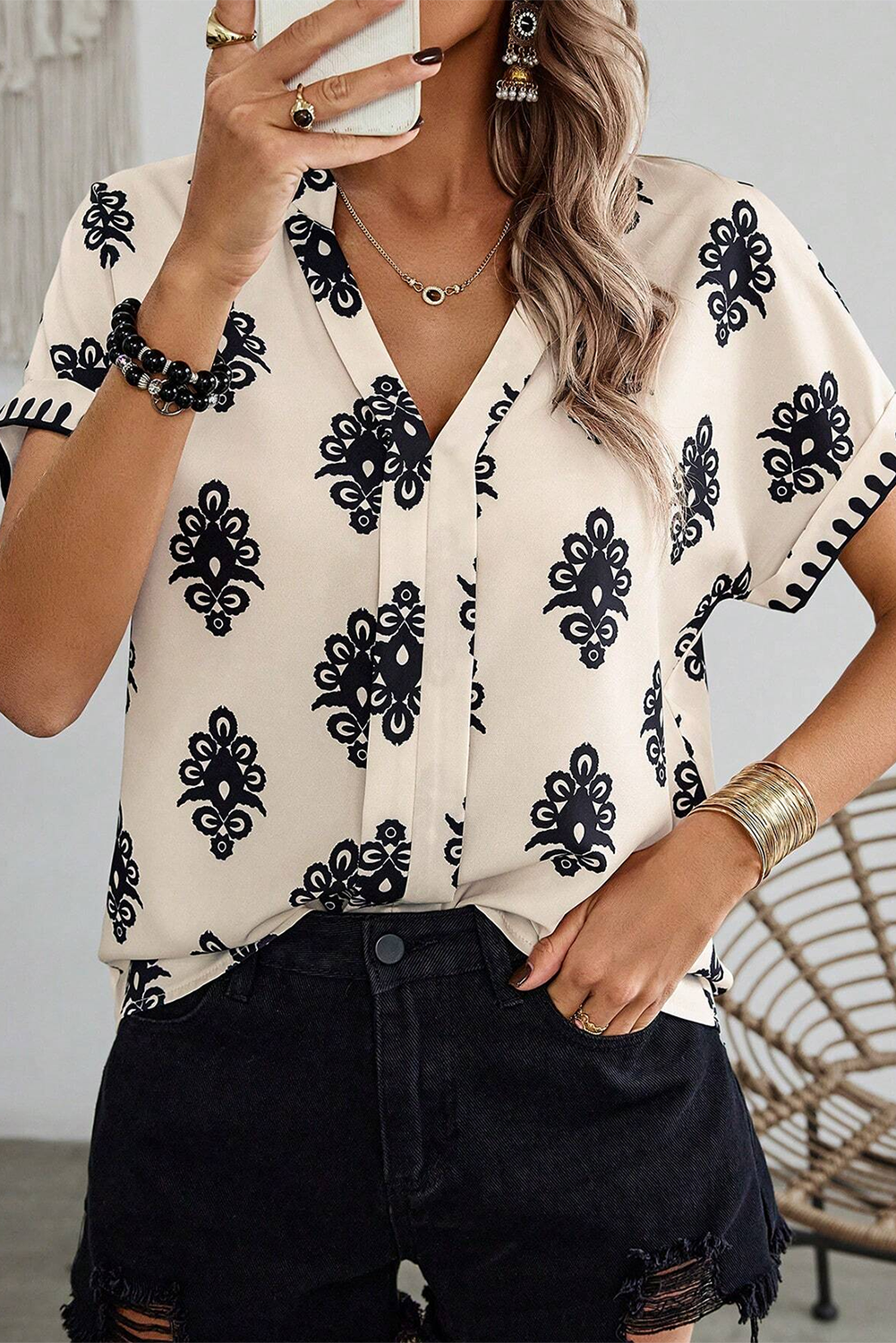 Beige Geometric Printed Sleeveless Hollowed Bowknot Back Mini Dress - loveforevers