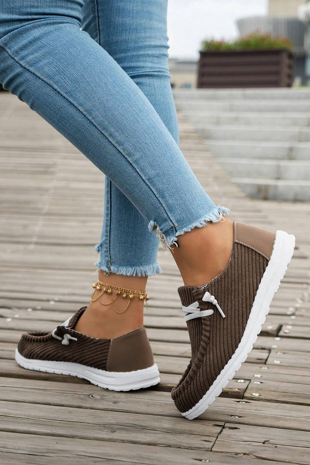 Coffee Solid Ribbed Criss Cross Slip On Casual Shoes - loveforevers