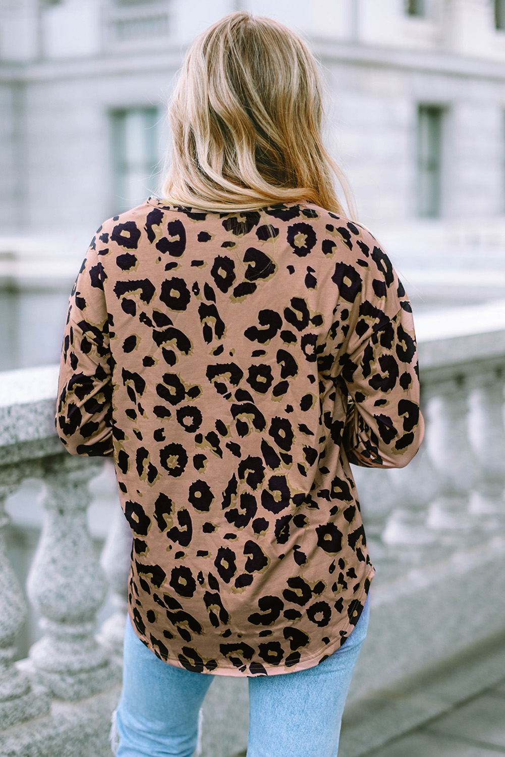 Brown Leopard Split Joint V Neck Long Sleeve Tops - loveforevers