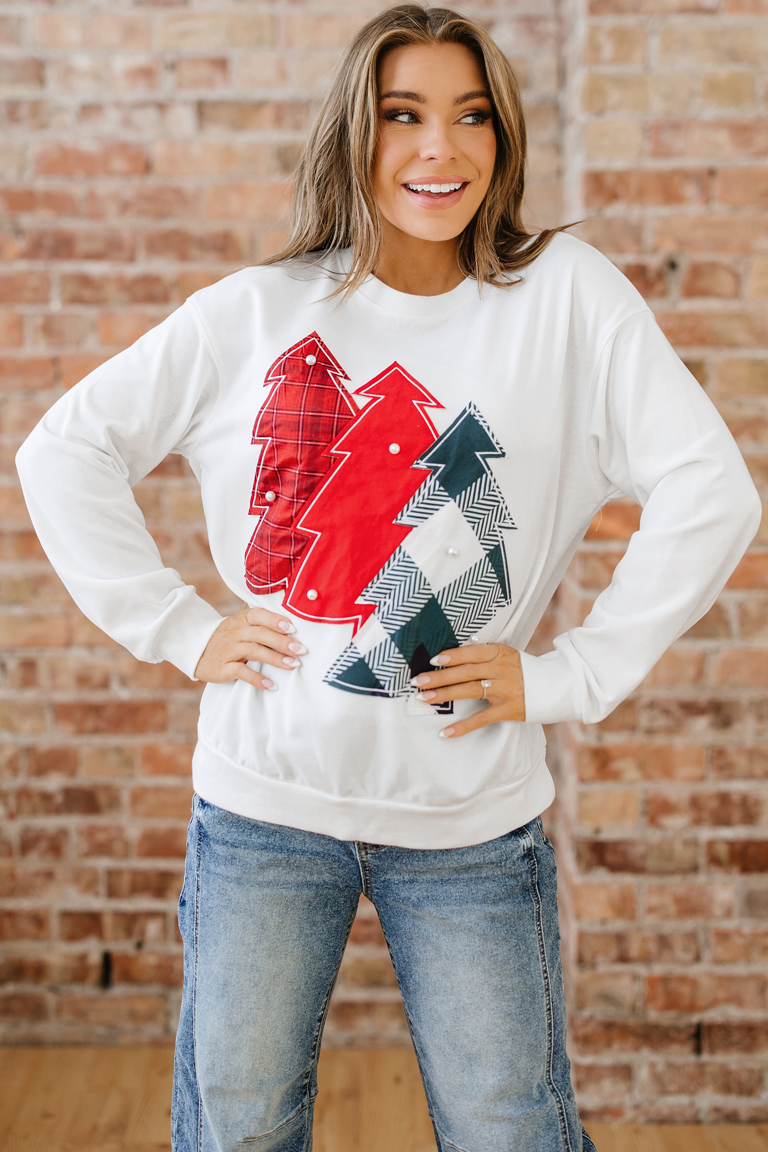White Pearl Plaid Christmas Tree Patched Drop Shoulder Sweatshirt - loveforevers