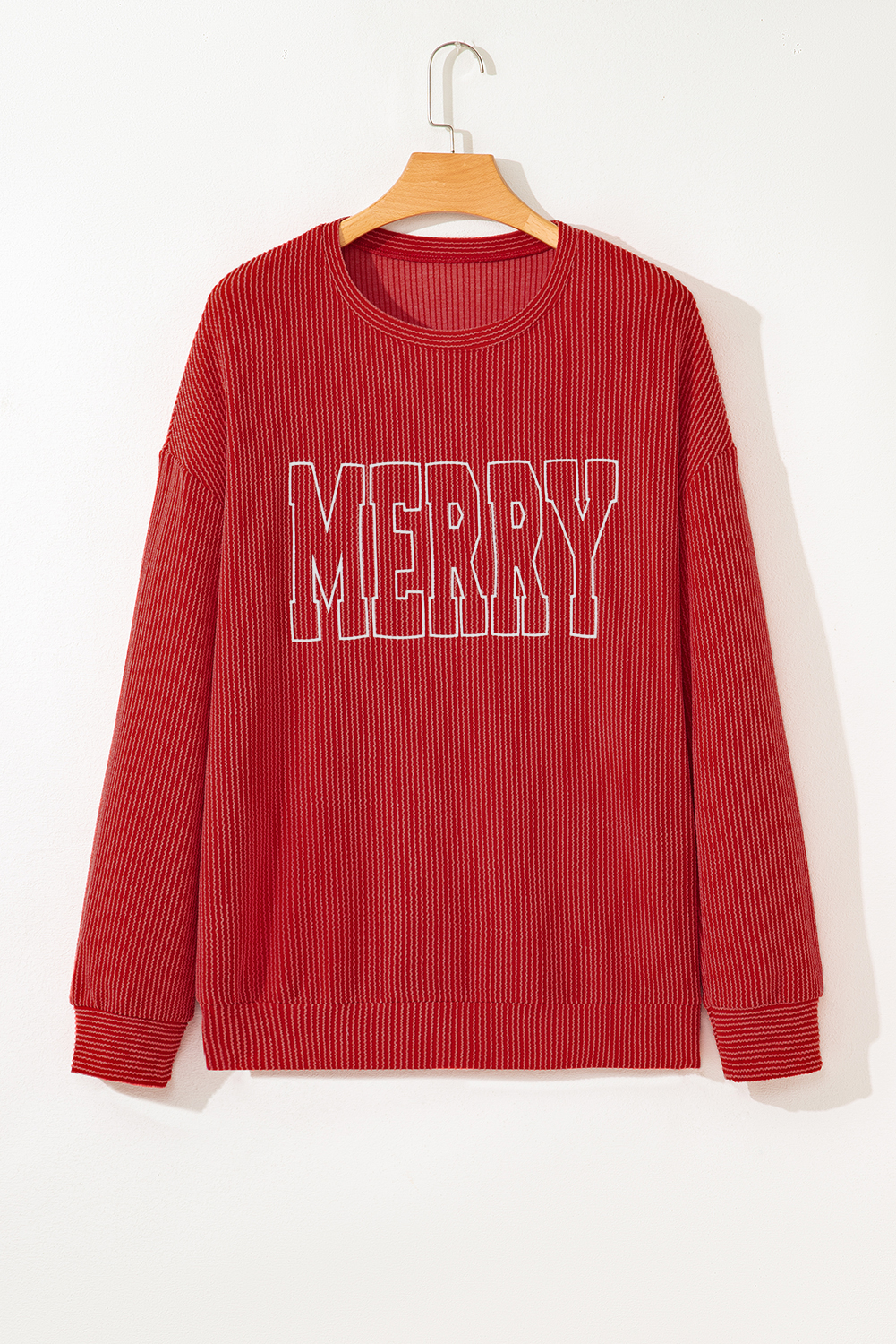 Evergreen Twisted Rib Outlined Merry Letter Graphic Loose Long Sleeve Top - loveforevers