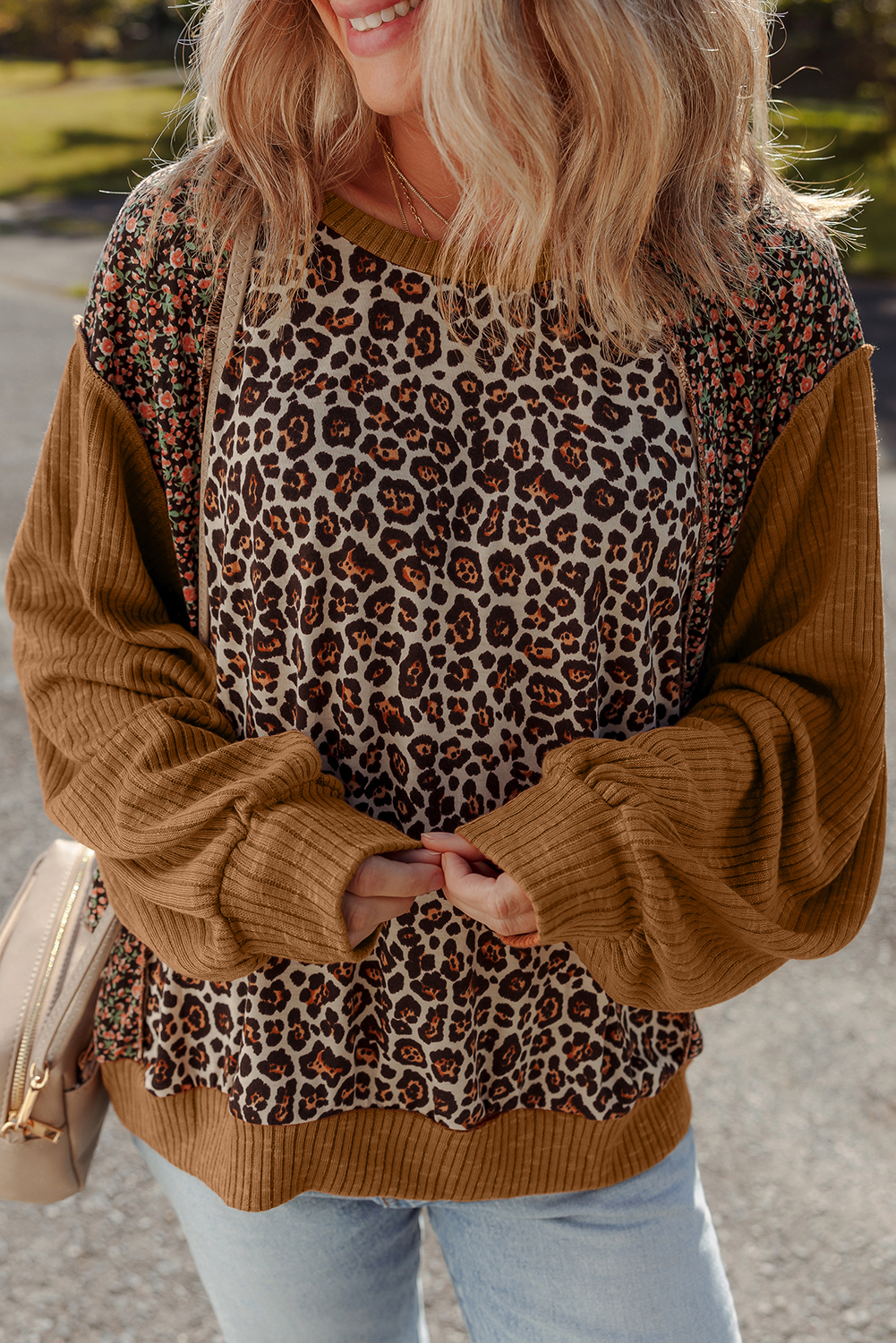 Brown Leopard Floral Print Ribbed Puff Sleeve Patchwork Loose Pullover - loveforevers