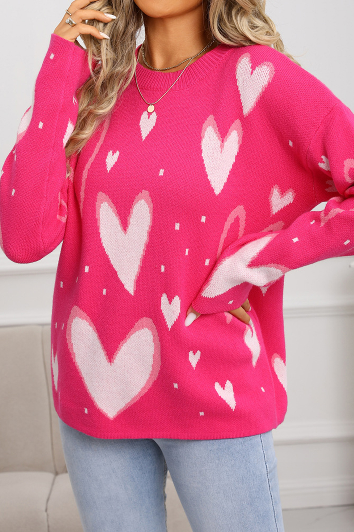 White Splendid Heart Print Valentines Day Sweater - loveforevers