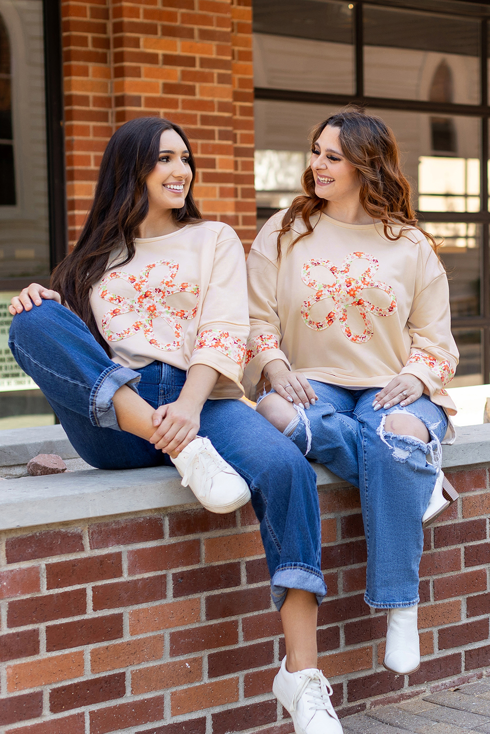Beige Flower Patch Graphic Exposed Seam Wide Sleeve Top - loveforevers