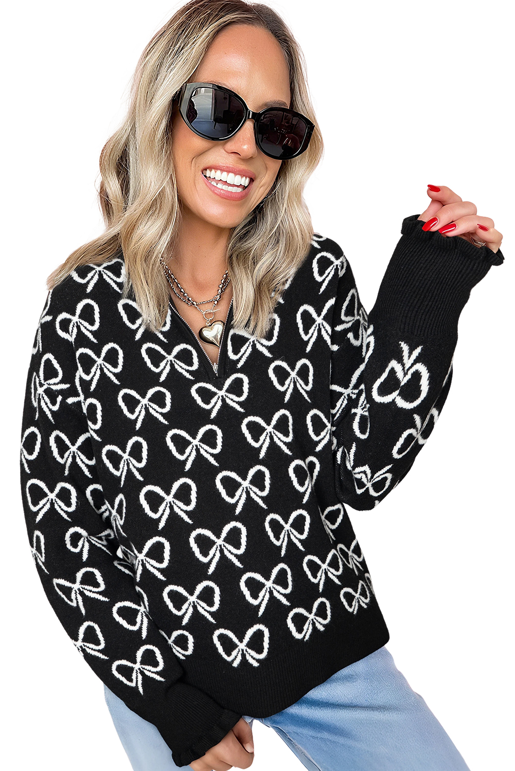 Black Cute Bow Pattern Drop Shoulder Zipped Collar Sweater - loveforevers