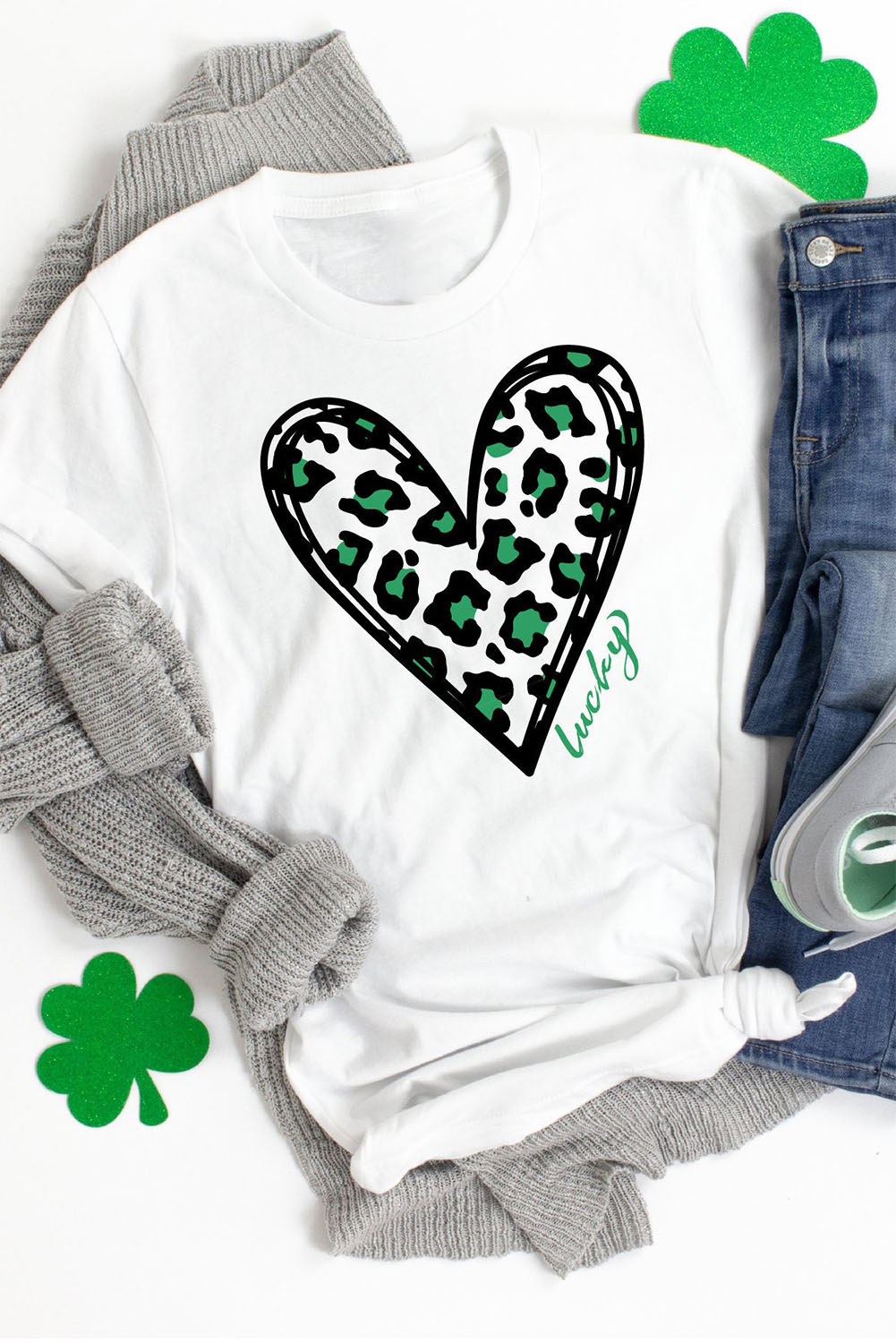 White Lucky Leopard Heart Print St Patricks Day T Shirt - loveforevers