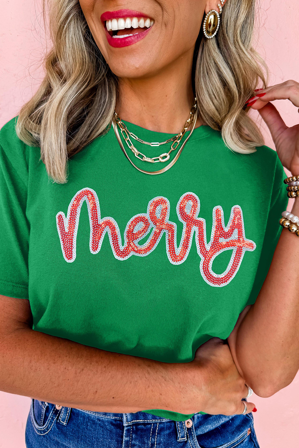 Bright Green merry Sequin Letter Graphic Cotton Blend Tee - loveforevers