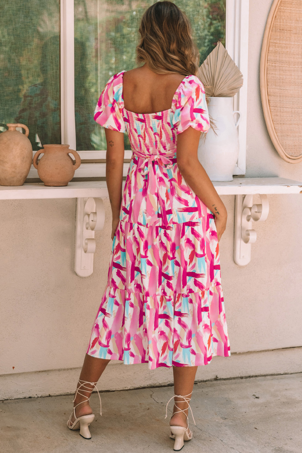 Pink Brush Stroke Printed Smocked Ruffle Tiered Dress - loveforevers