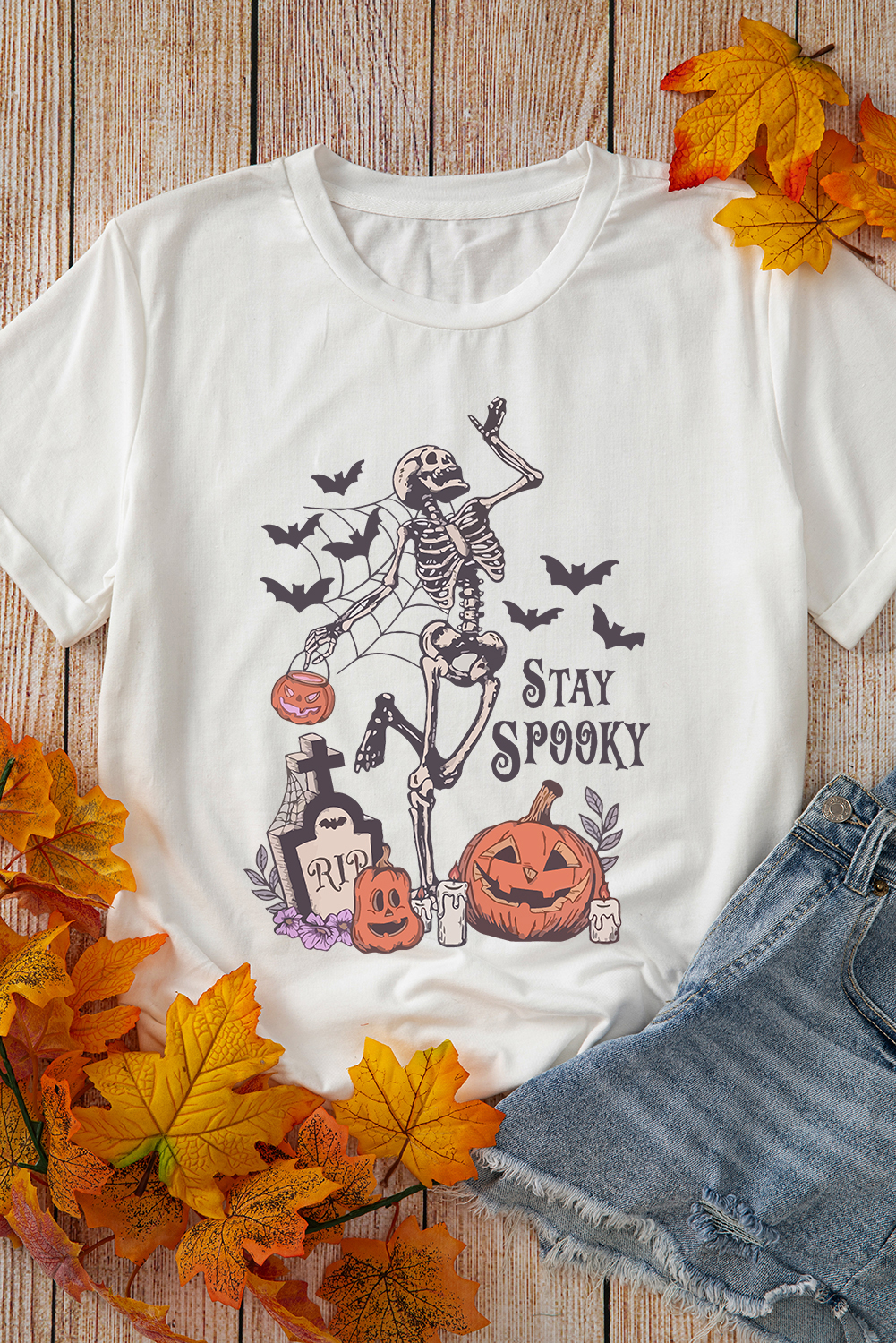 White Skull Pumpkin Face STAY SPOOKY Graphic Halloween T Shirt - loveforevers