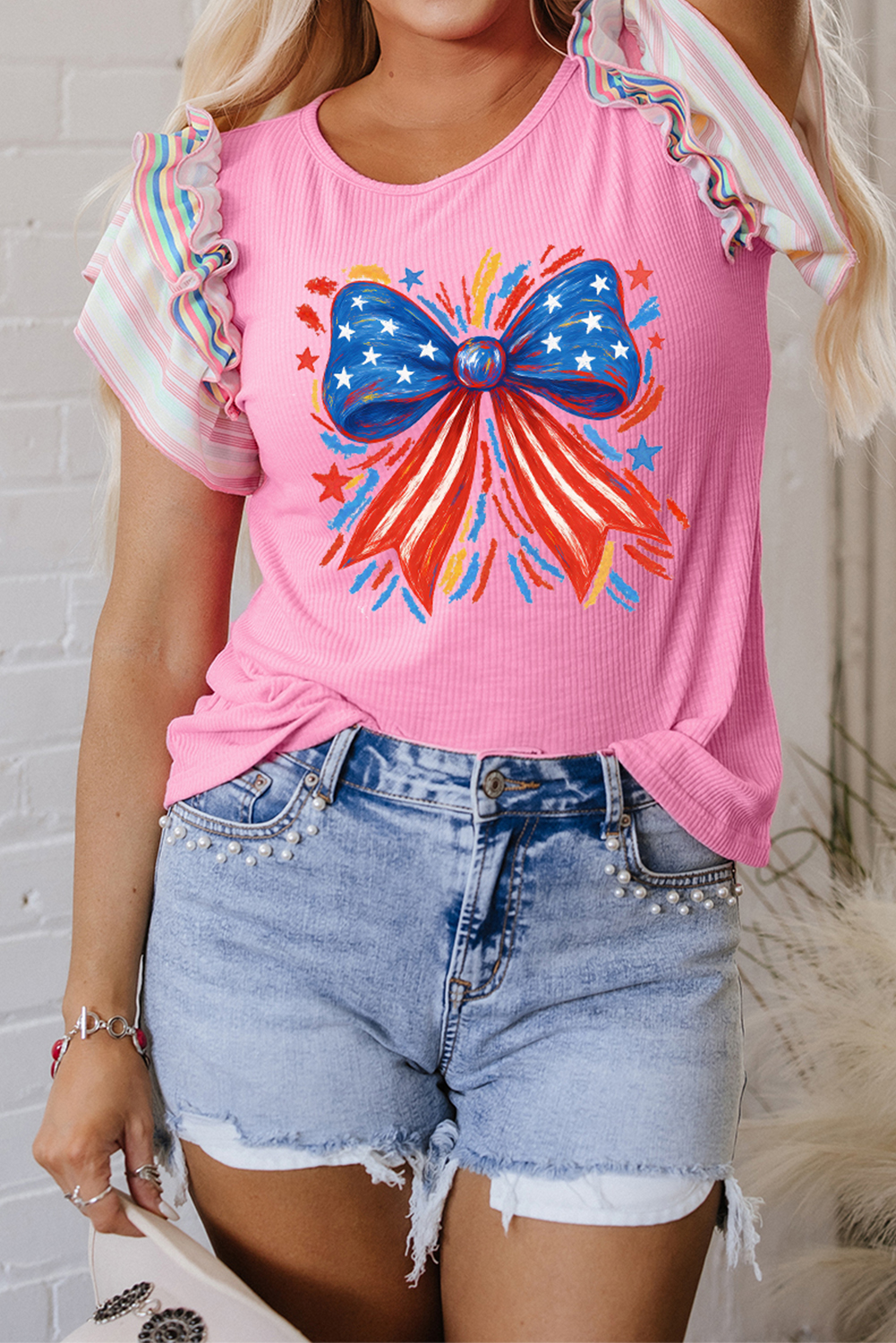 Bonbon Striped Ruffle Flutter Sleeve Ribbed Blouse - loveforevers