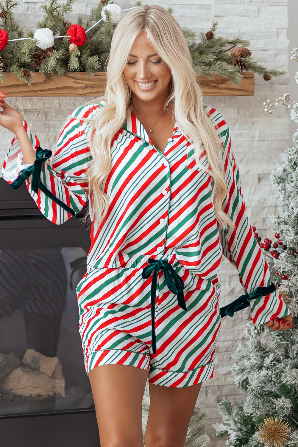 Green Stripe Contrast Velvet Ribbon Knot Christmas 2pcs Pajama Set - loveforevers