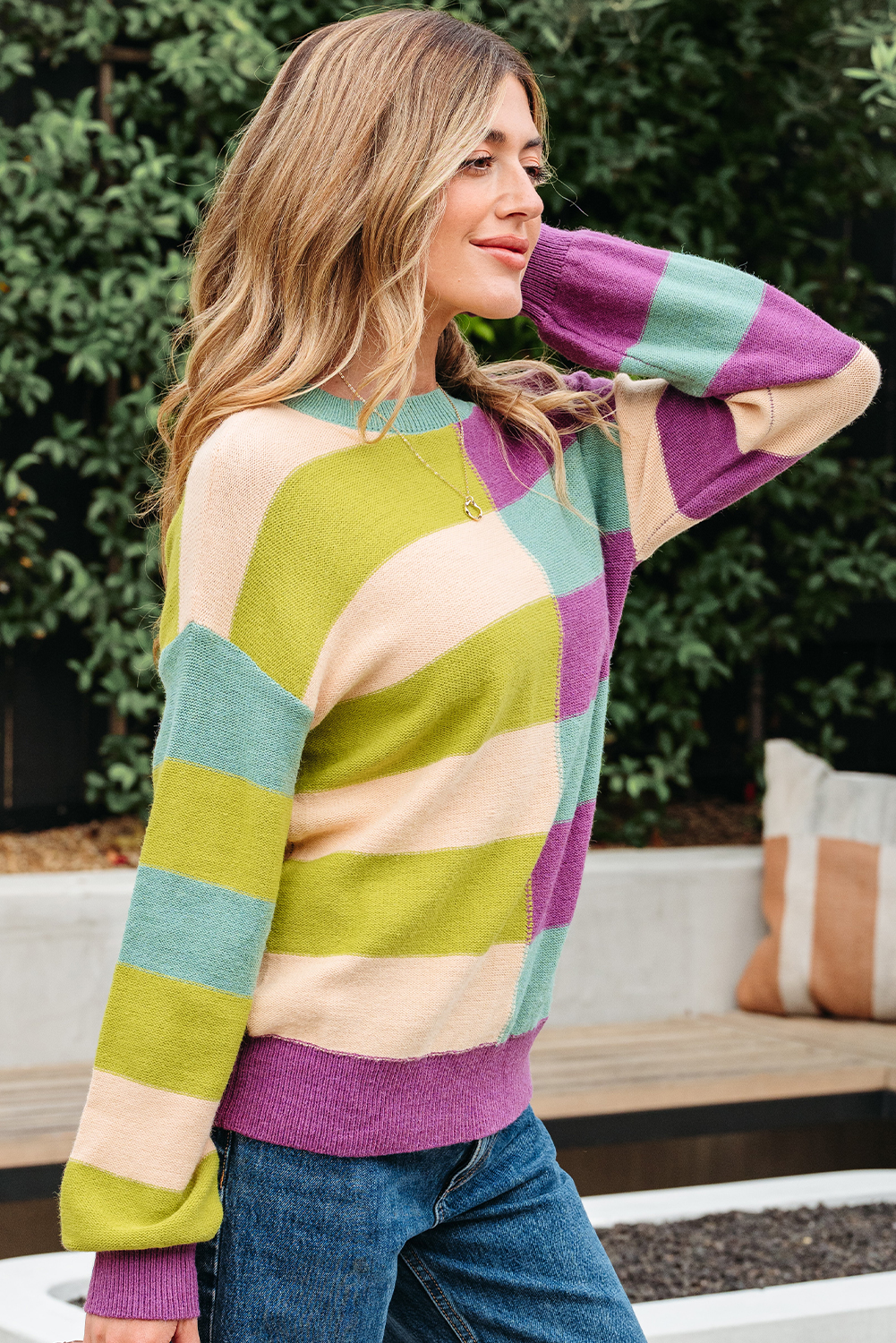 Green Stripe Drop Shoulder Ribbed Edge Casual Sweater - loveforevers