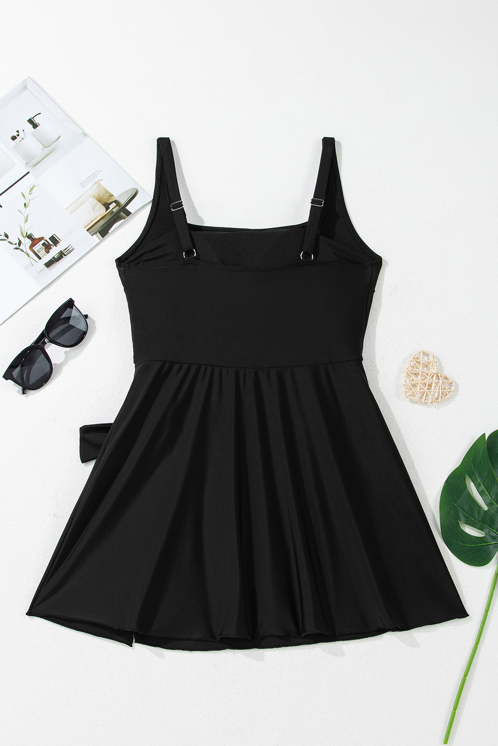 Black Side Tied Waist Square Neck Adjustable Straps A-line One Piece Swim Dress - loveforevers