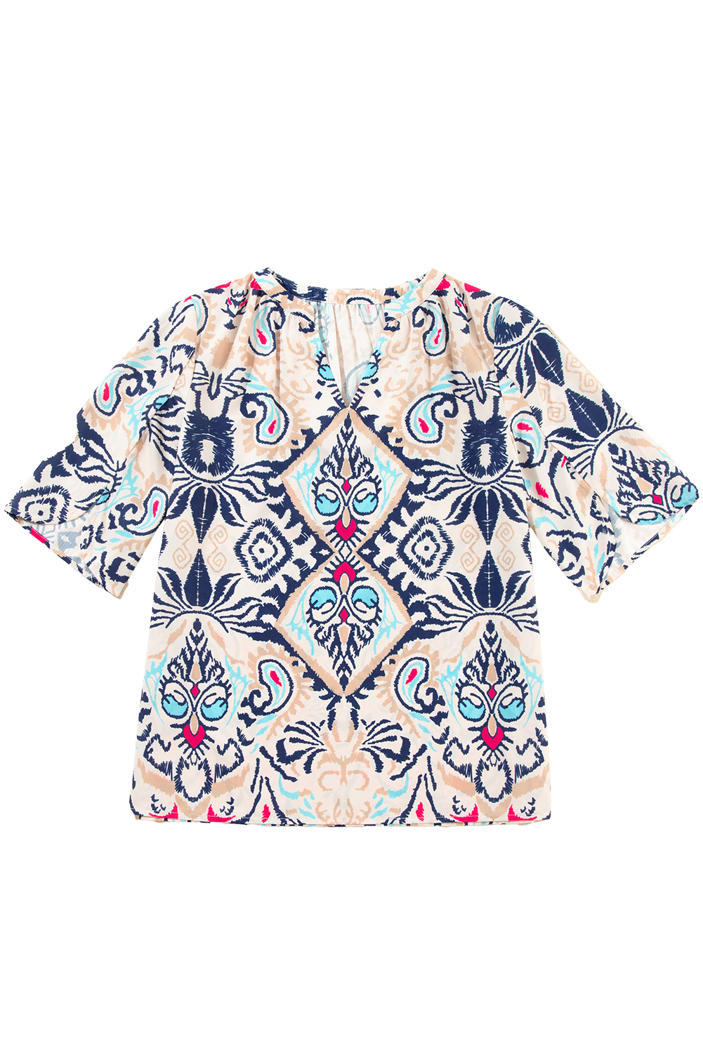 White Abstract Printed Notched V Neck Split Half Sleeve Blouse - loveforevers