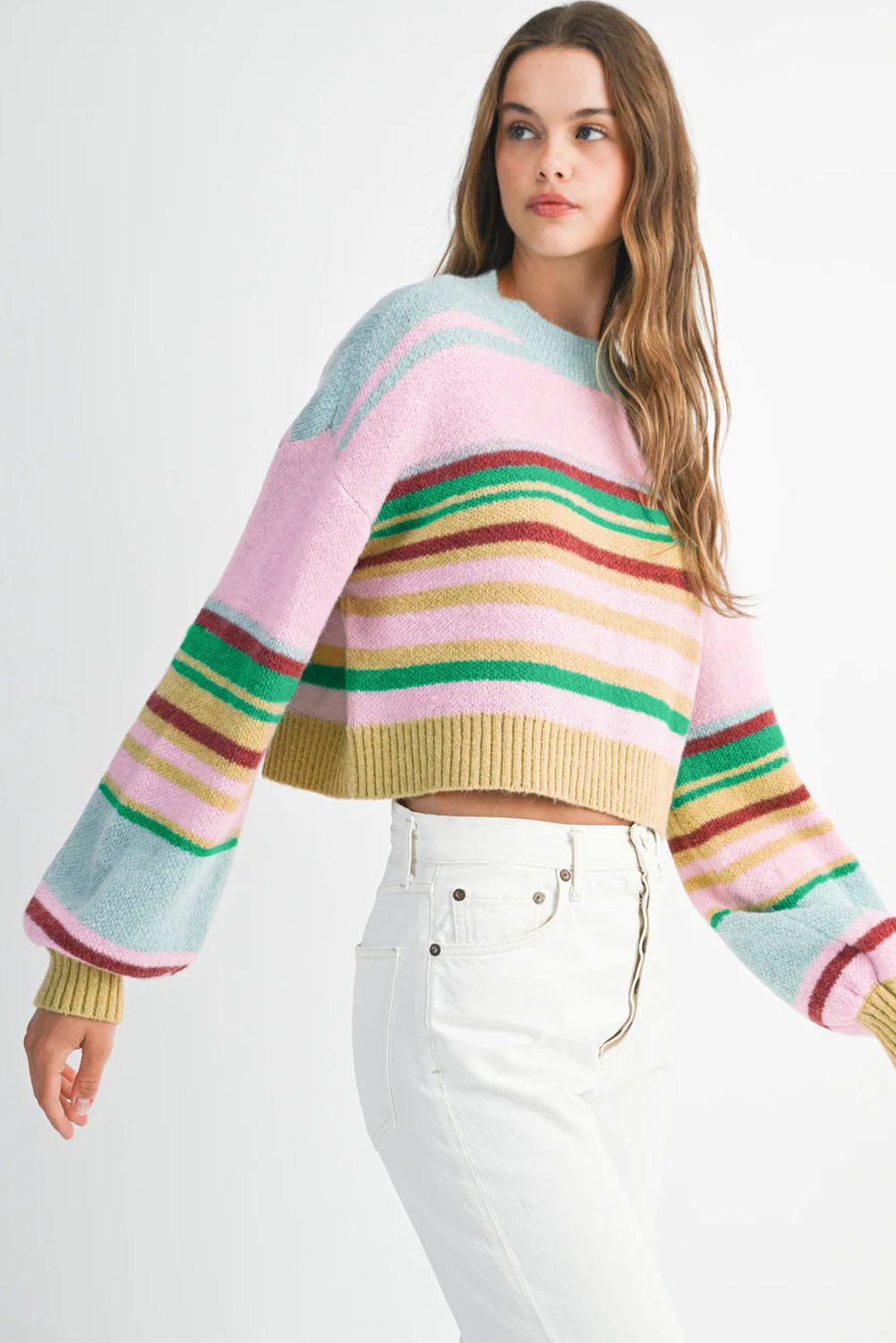 Multicolour Striped Knit Ribbed Trim Boxy Fit Cropped Sweater - loveforevers