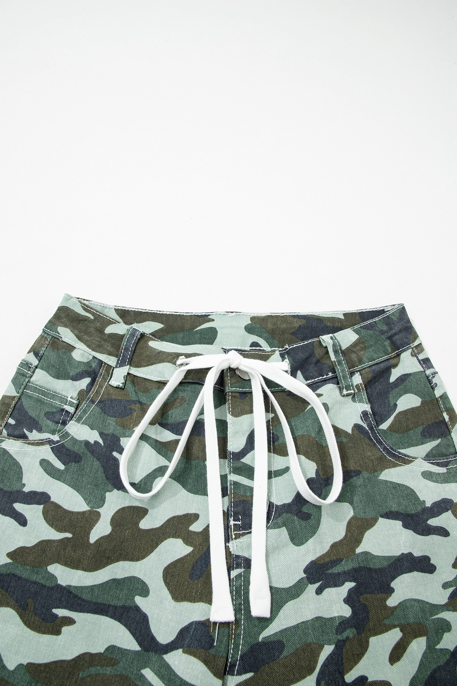 Green Camouflage Print Wide Leg Drawstring Denim Pants - loveforevers