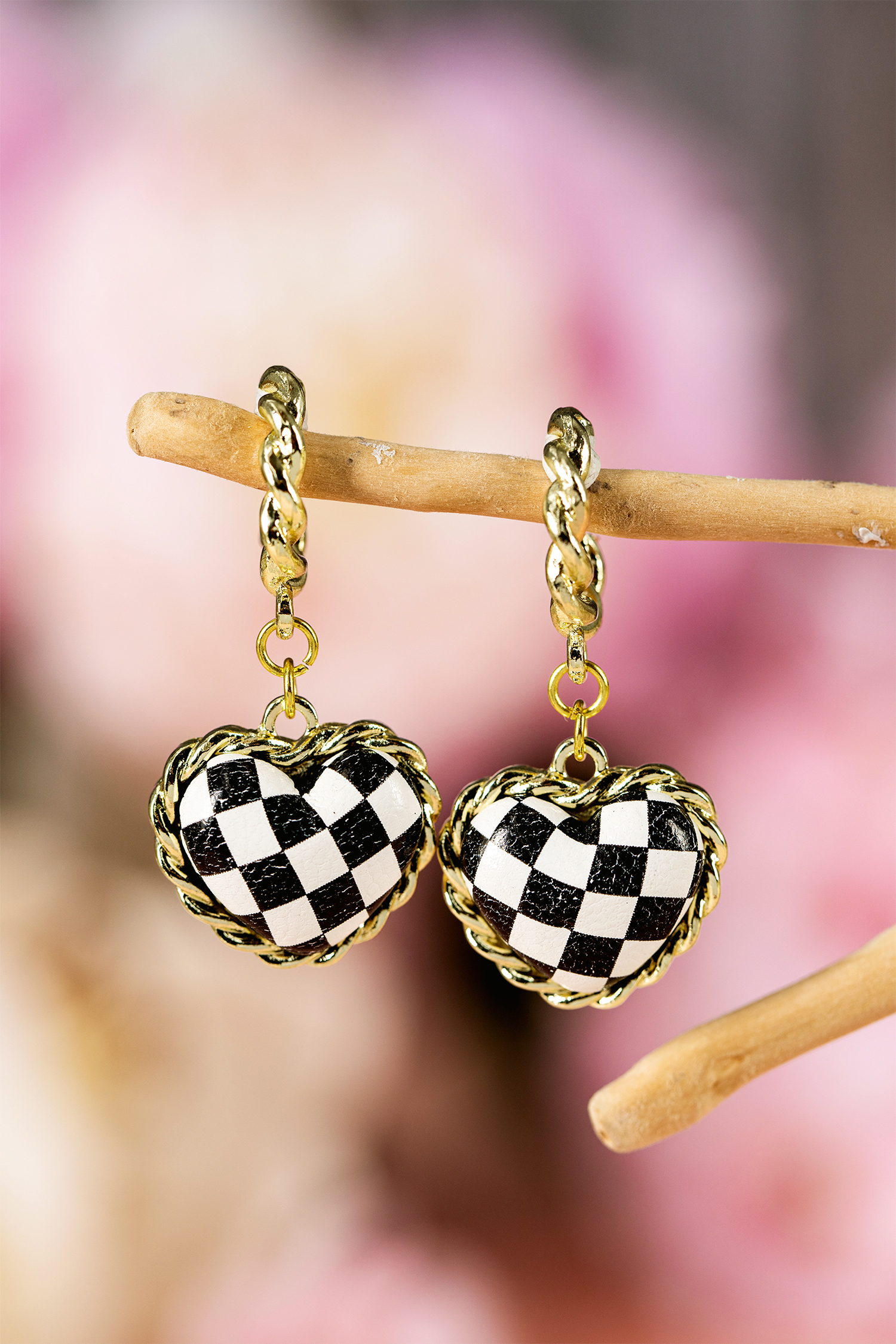 Black Checkered Heart Dangle Gold Plated Twisted Hoop Stud Earrings - loveforevers