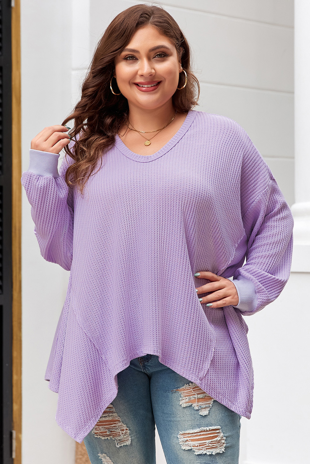 Orchid Petal Plus Size Waffle Knit Exposed Seam Flowy Top - loveforevers