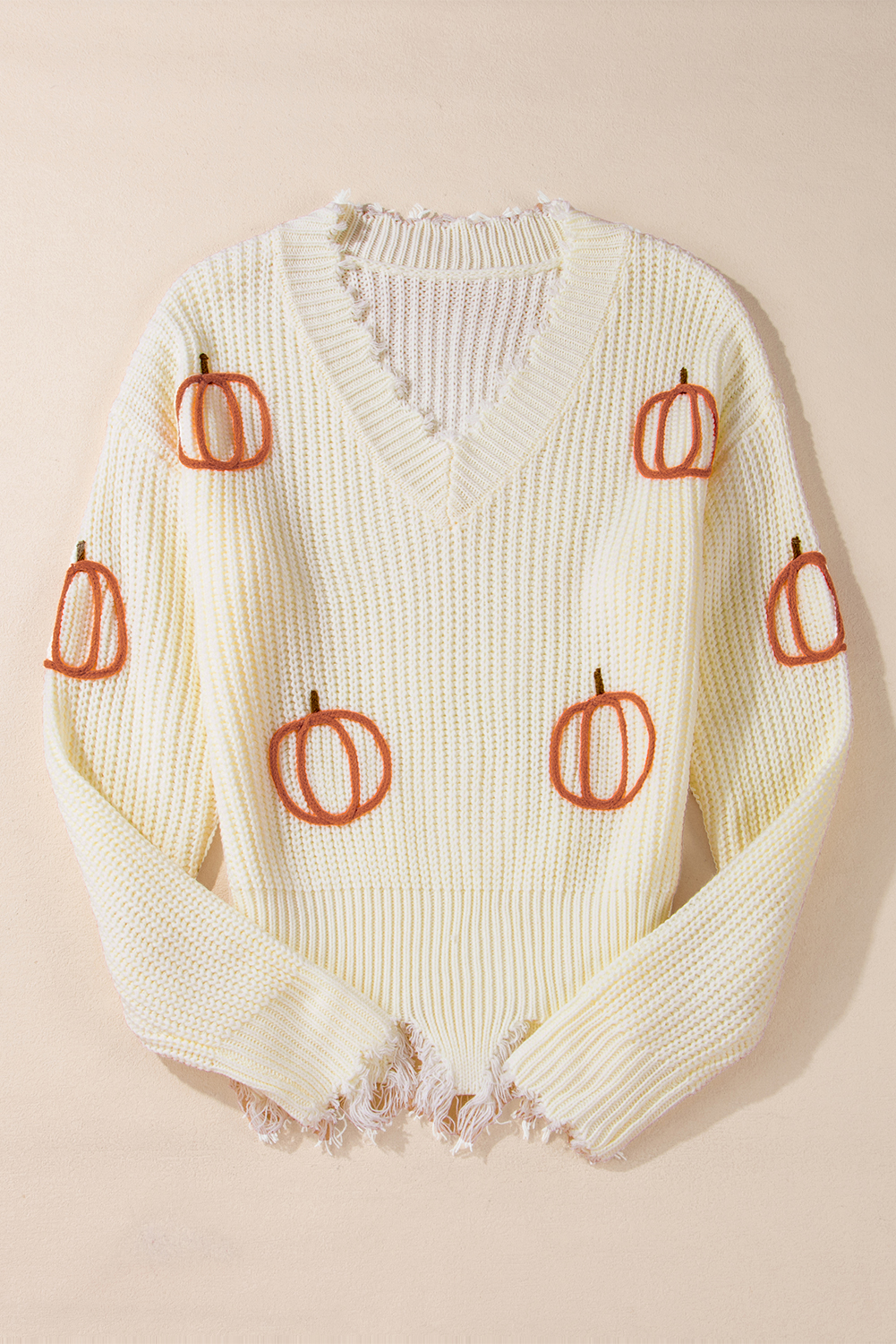 Beige Cable Knit Pumpkin Raw Hem V Neck Loose Sweater - loveforevers