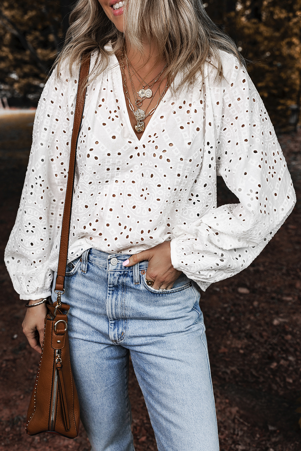 White Eyelet Embroidered Puff Sleeve V Neck Blouse - loveforevers