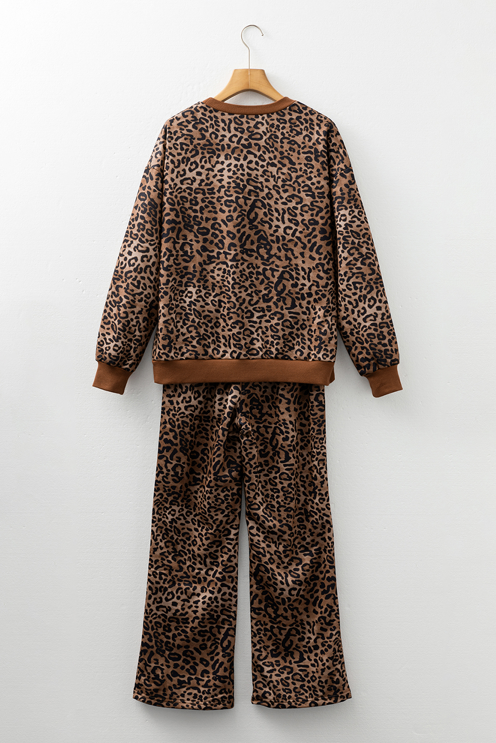 Coffee Leopard Print Contrast Trim Long Sleeve Top and Pants Set - loveforevers